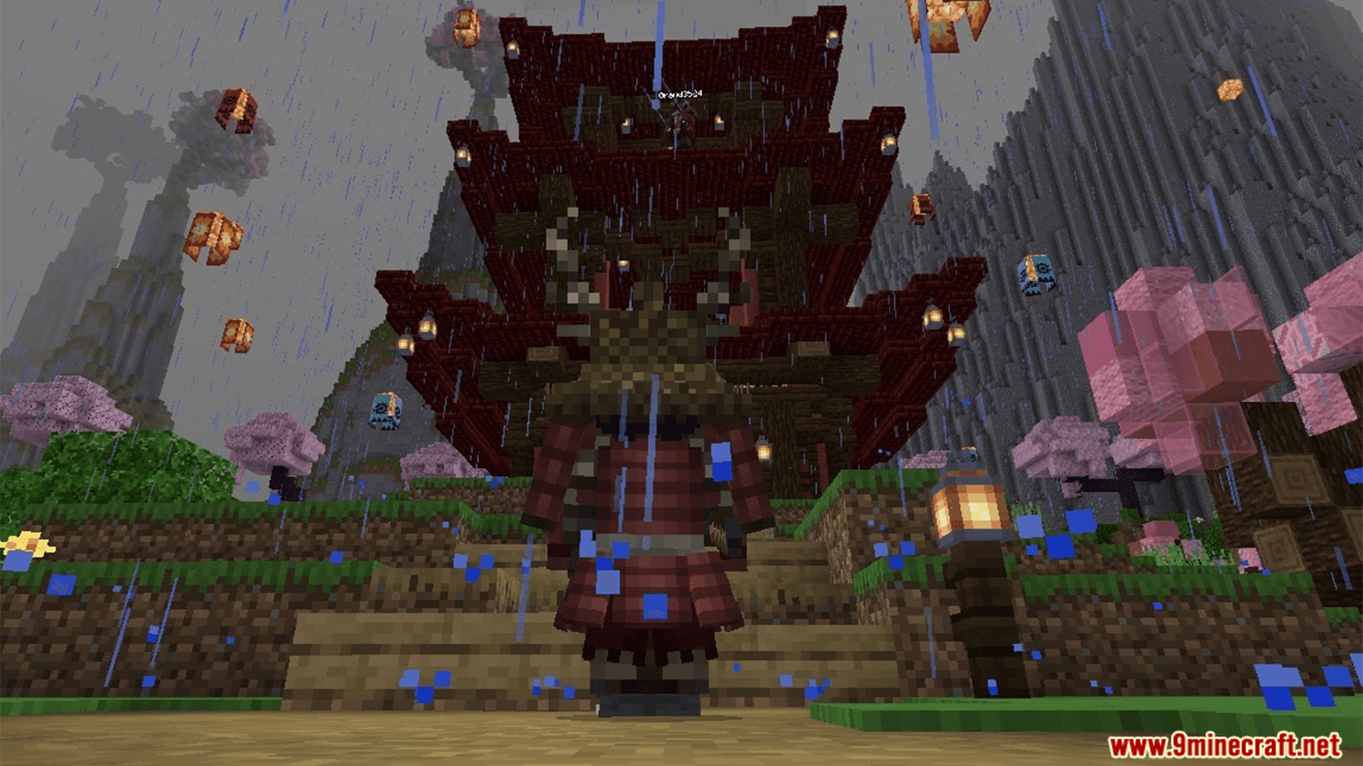 Feudal Japan King Studios SMP Texture Pack Screenshot 7 Samurai character standing before a Japanese pagoda with cherry blossoms in rain