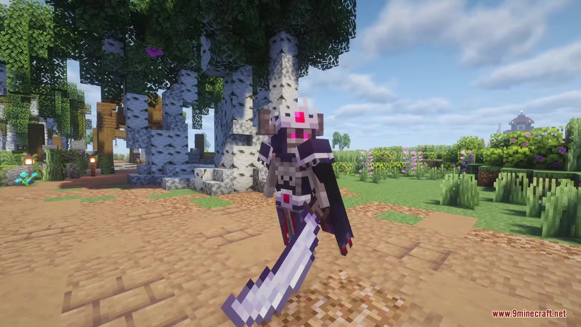 Fights Frights Mod Screenshot 1 A Minecraft player wearing dark armor and a crown holds a large sword
