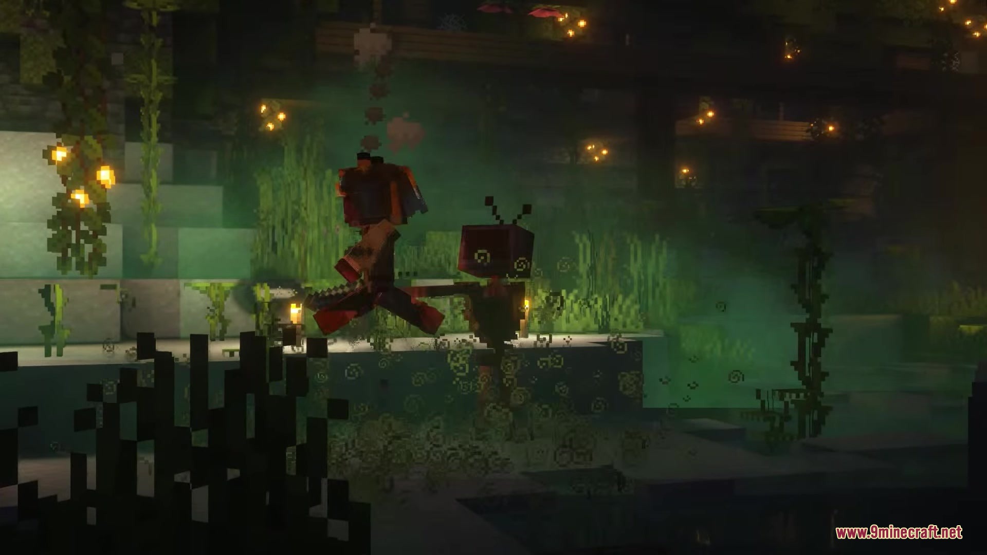 Fights Frights Mod Screenshot 10 A player fighting a unique boxy monster in a dark glowing forest