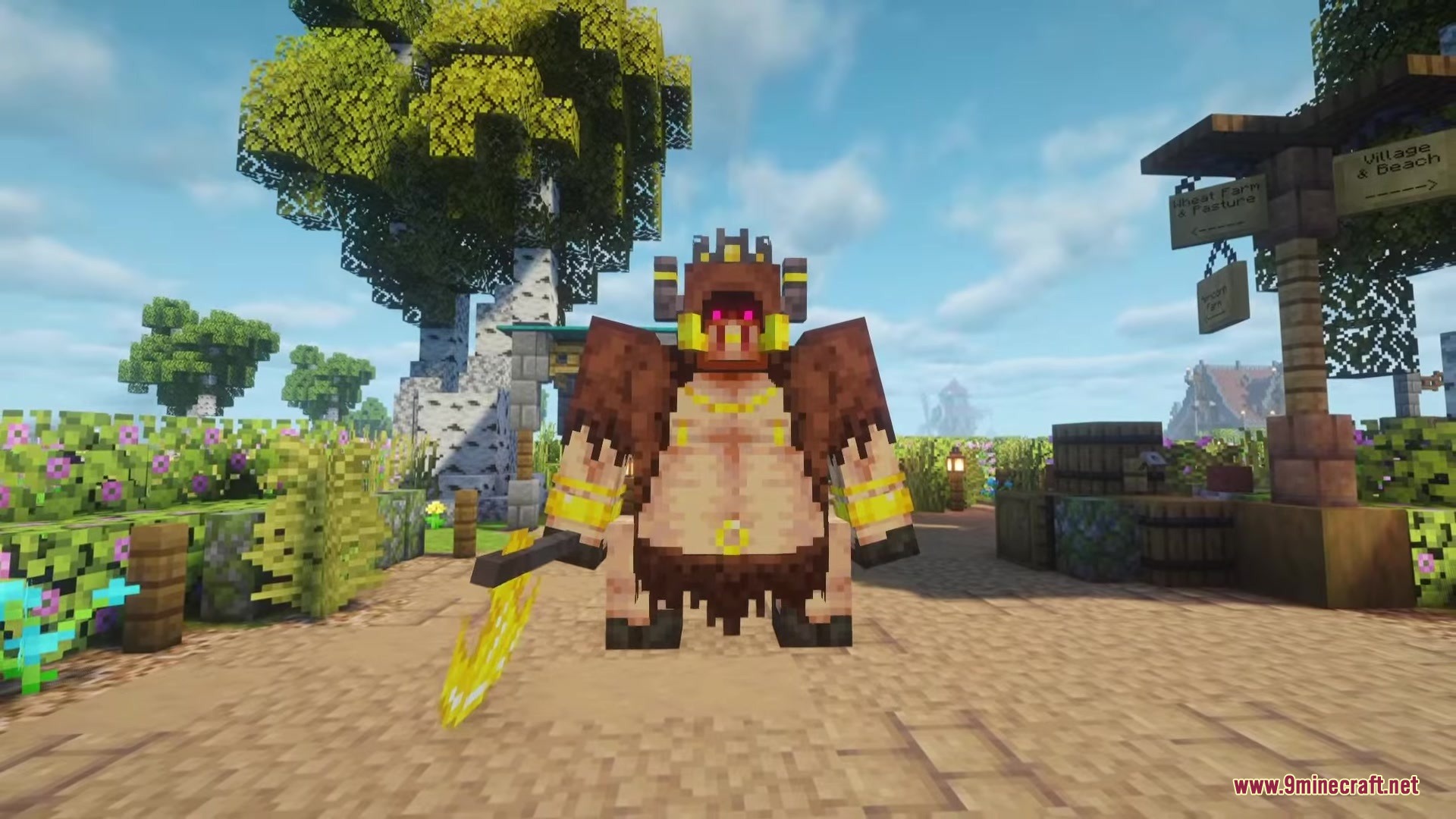 Fights Frights Mod Screenshot 4 A large muscular piglin boss wearing gold jewelry standing in a village