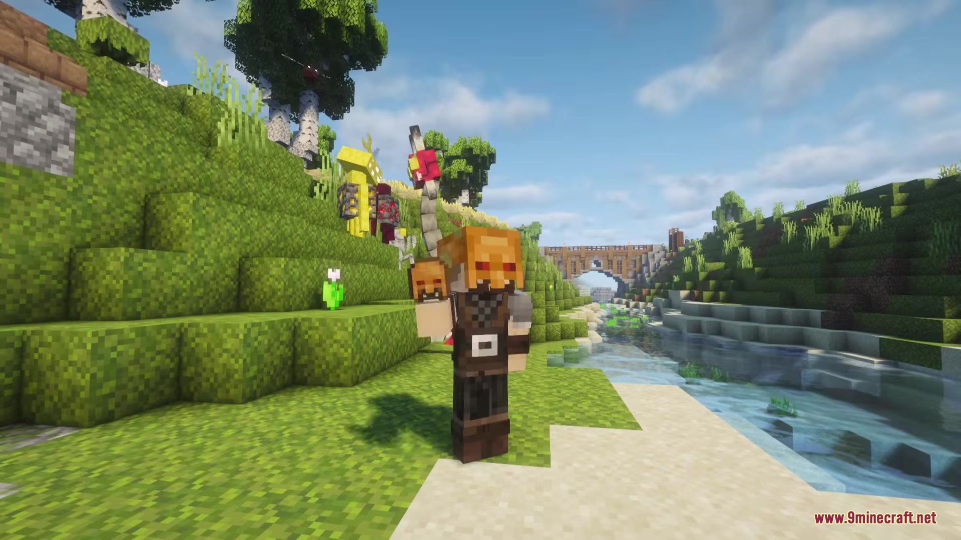 Fights Frights Mod Screenshot 5 A custom mob stands in a sunny field near a stone bridge