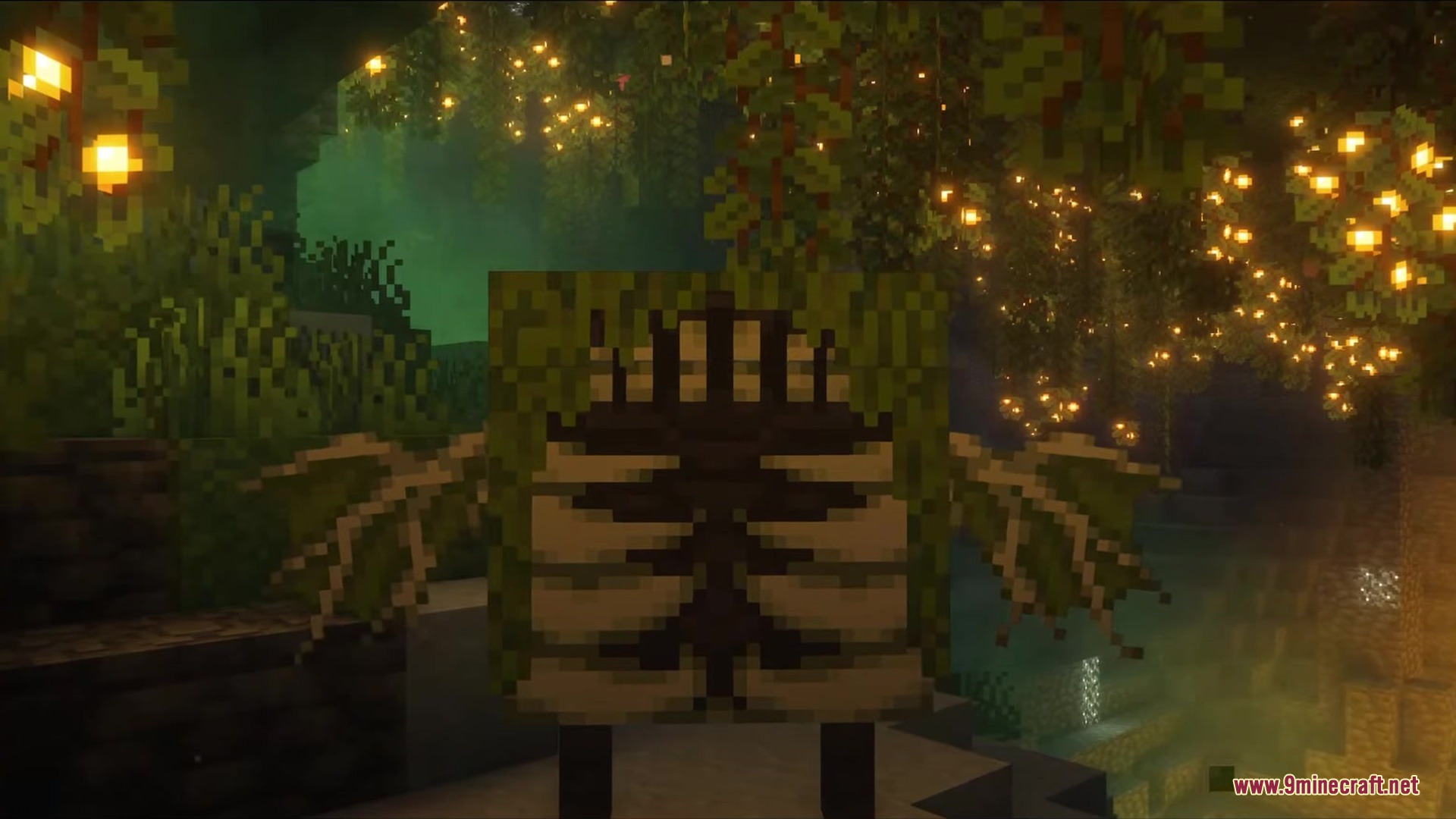Fights Frights Mod Screenshot 6 A mossy winged creature with a ribcage pattern in a dark forest