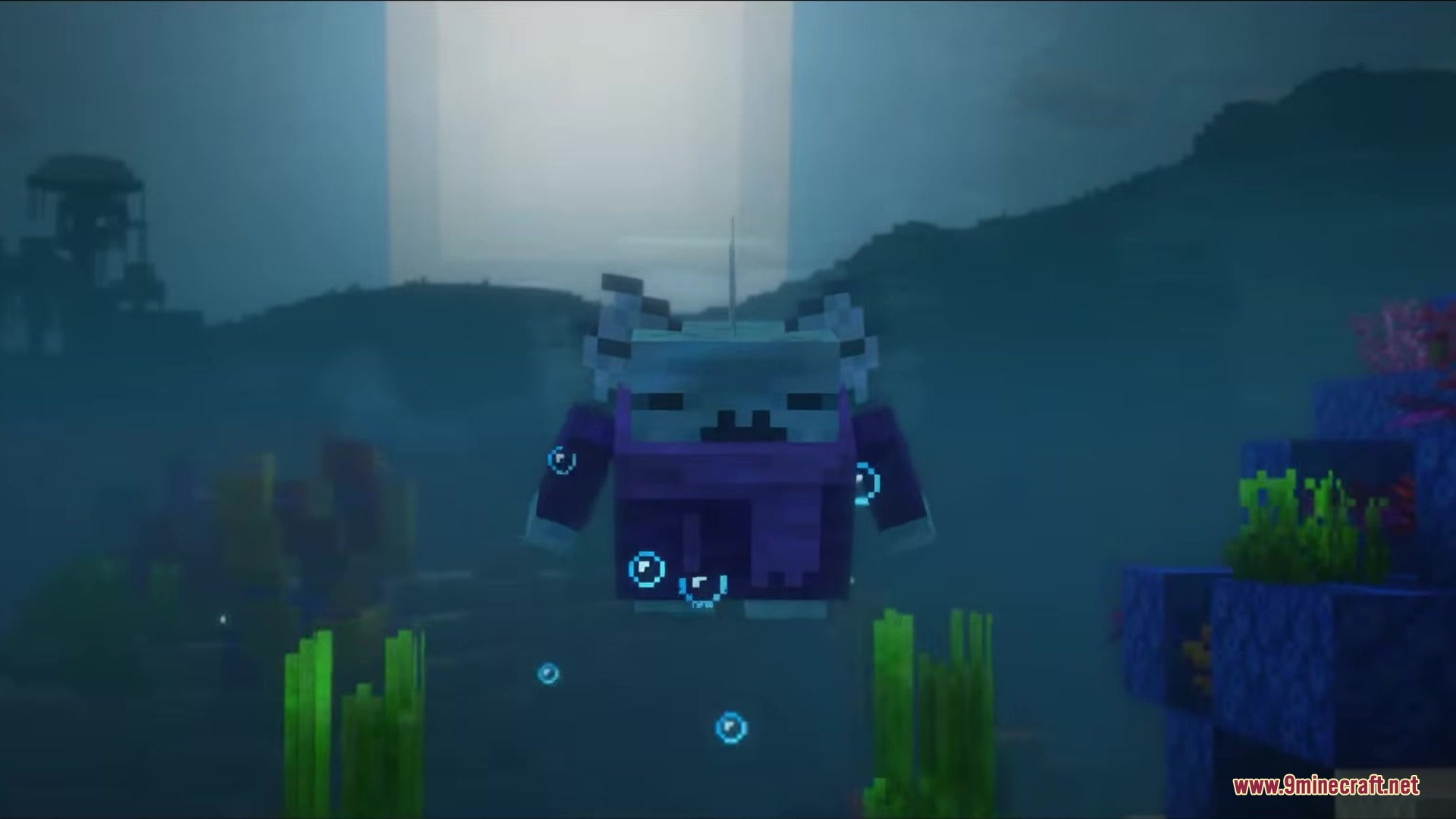 Fights Frights Mod Screenshot 8 A small blue aquatic creature swims through the water with rising bubbles
