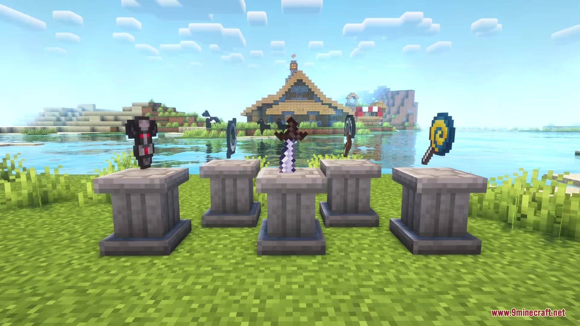 Fights Frights Mod Screenshot 9 Five stone pedestals displaying unique weapons and items from Fights Frights Mod