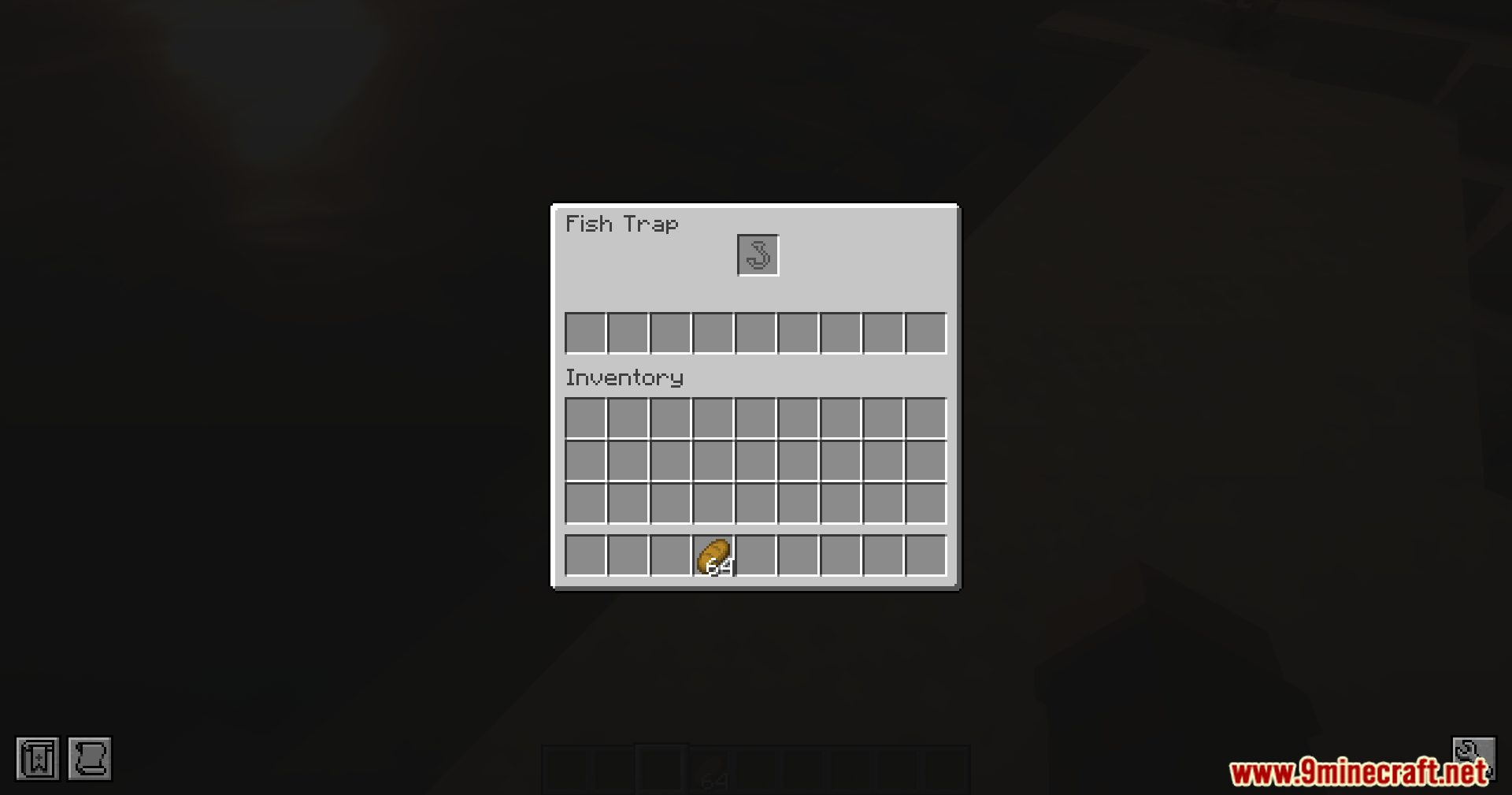 Fishermen's Trap Mod Screenshot 2 The fish trap user interface with a bait slot and storage grid