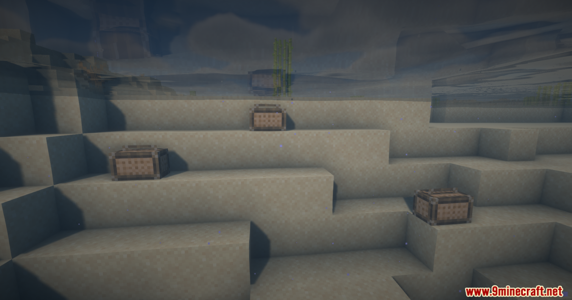 Fishermen's Trap Mod Screenshot 5 Several wooden fish traps placed on the sandy floor of a natural ocean