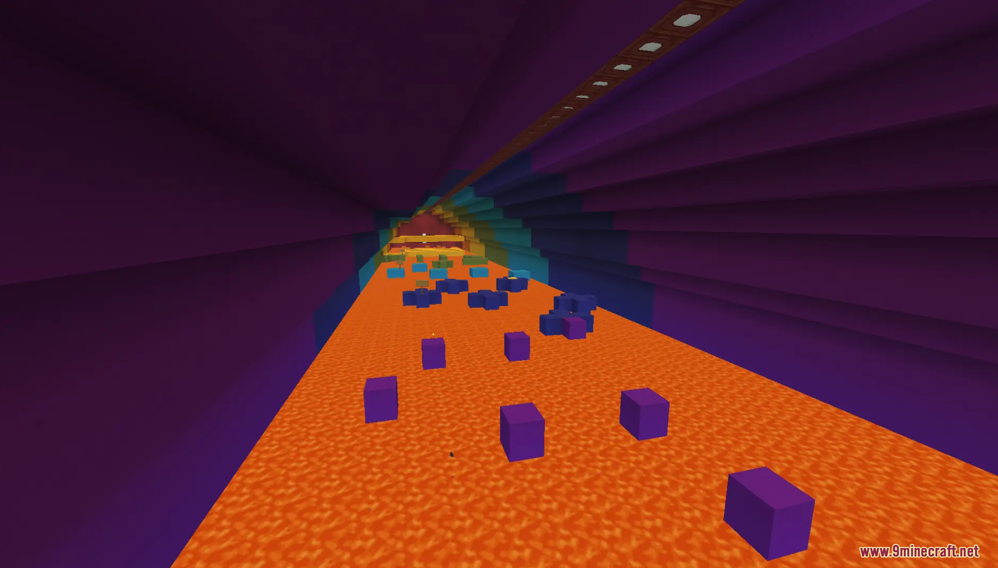 A parkour course with purple blocks floating over a large pool of lava