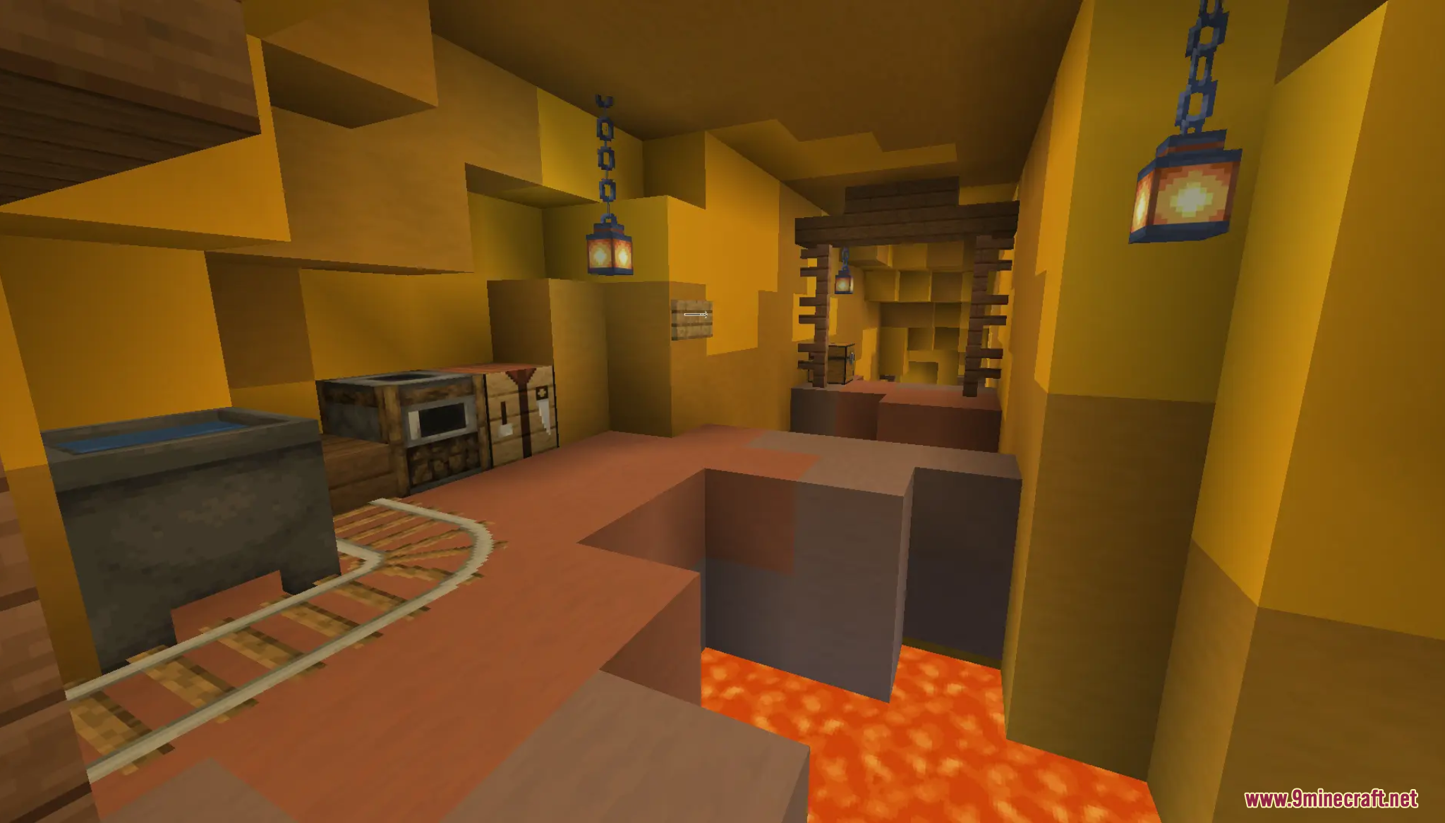 Flow Parkour Map featuring a desert mine interior with a lava pit