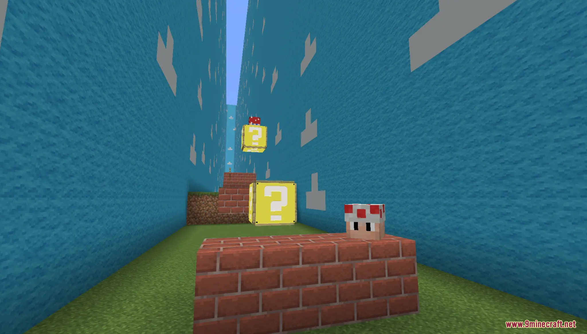 Super Mario themed parkour level with question blocks and brick platforms