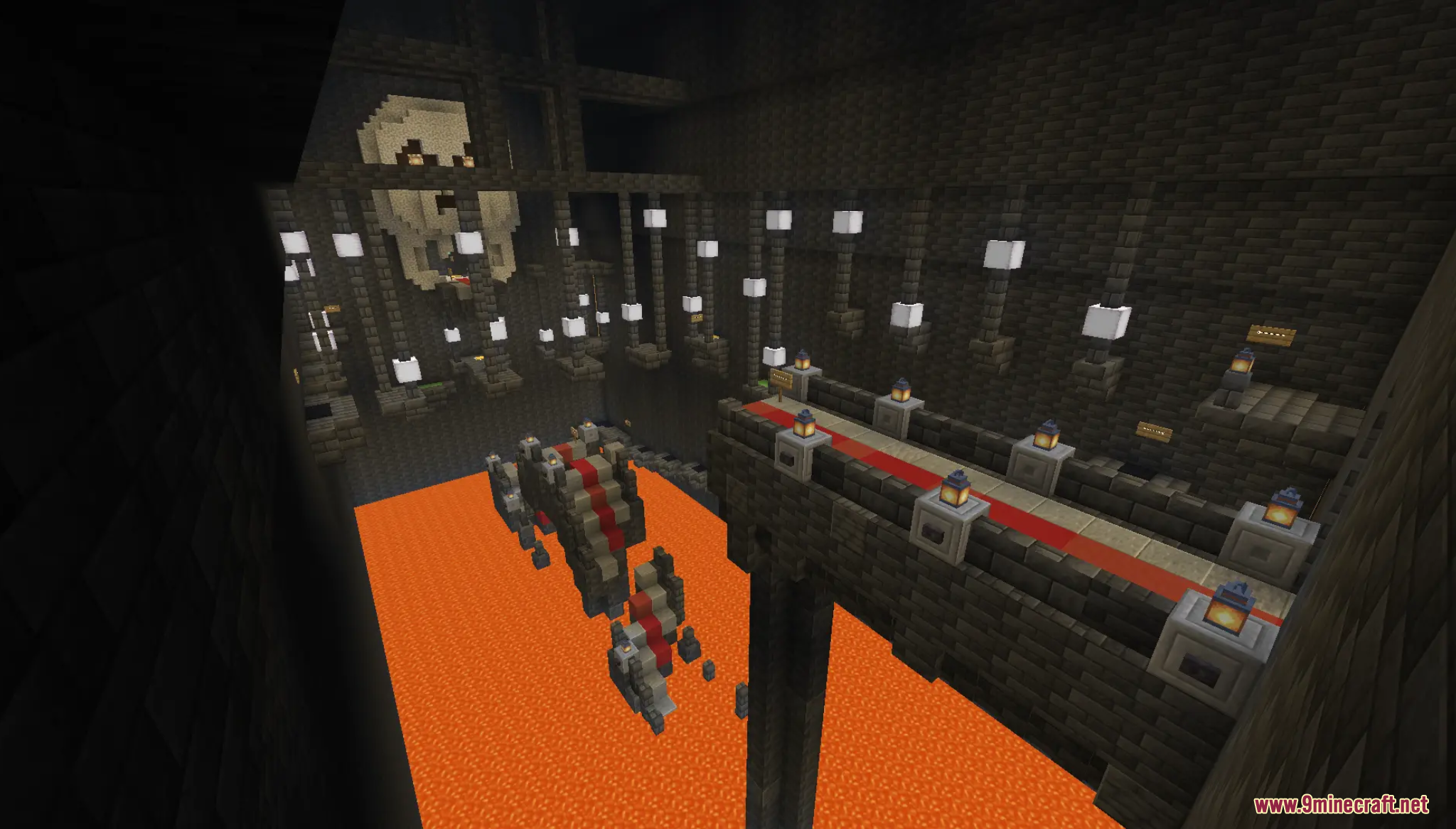 A parkour course with stone bridges over lava in a dark skull room