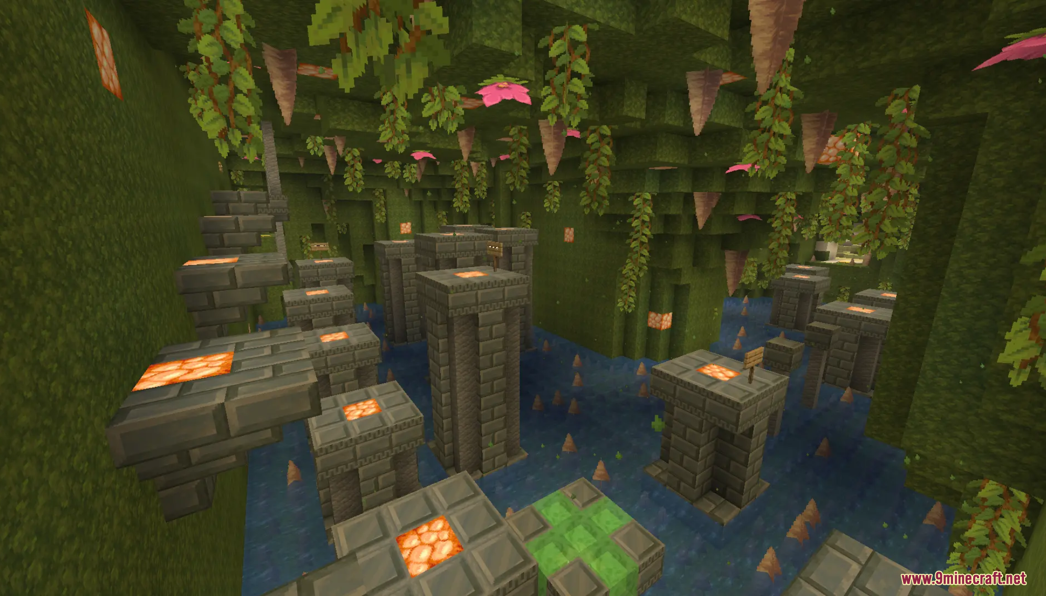 Flow Parkour Map featuring a lush cave level with stone pillars