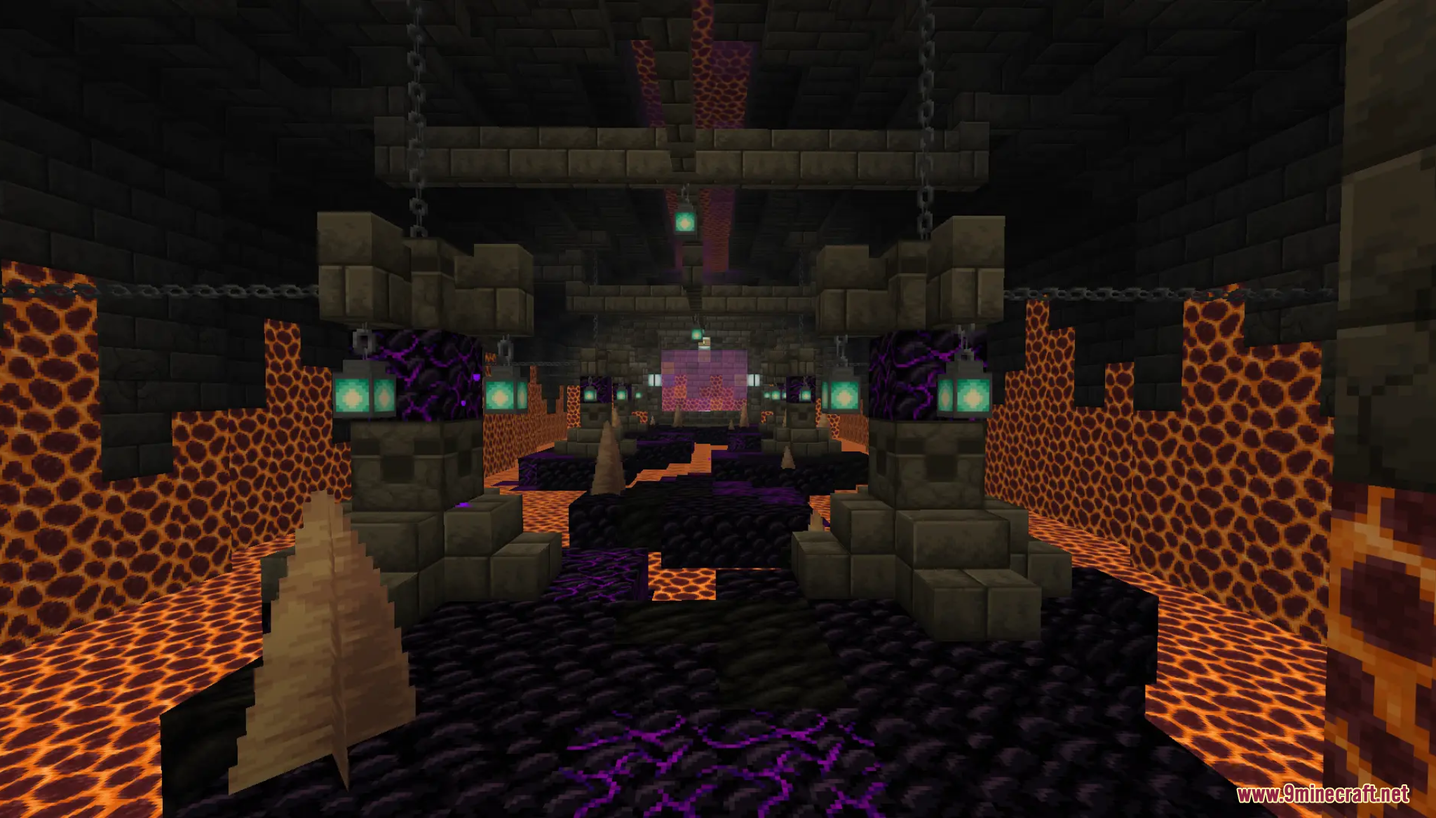 Nether level with obsidian paths magma blocks and soul lanterns