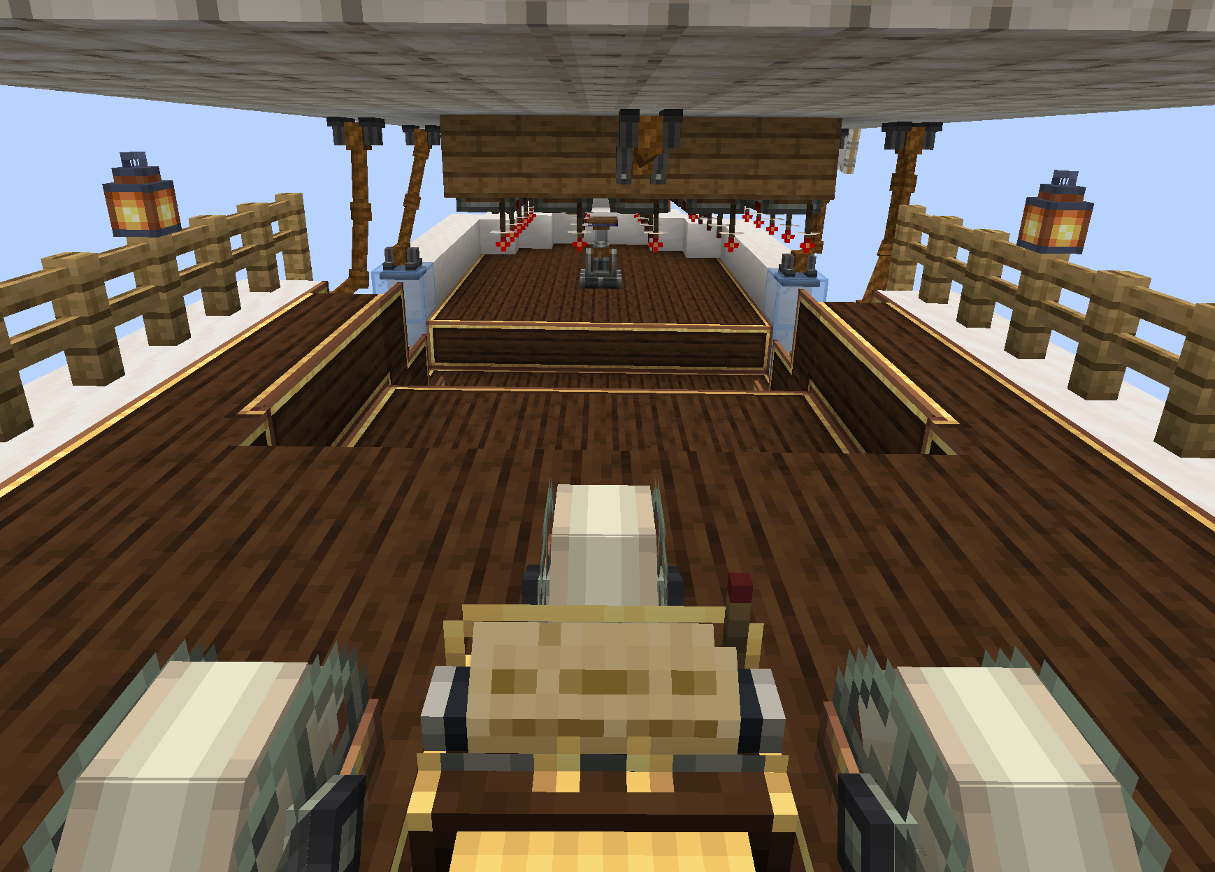 Flying Schematic Screenshots 1 A wooden deck of a flying ship featuring lanterns and mechanical controls