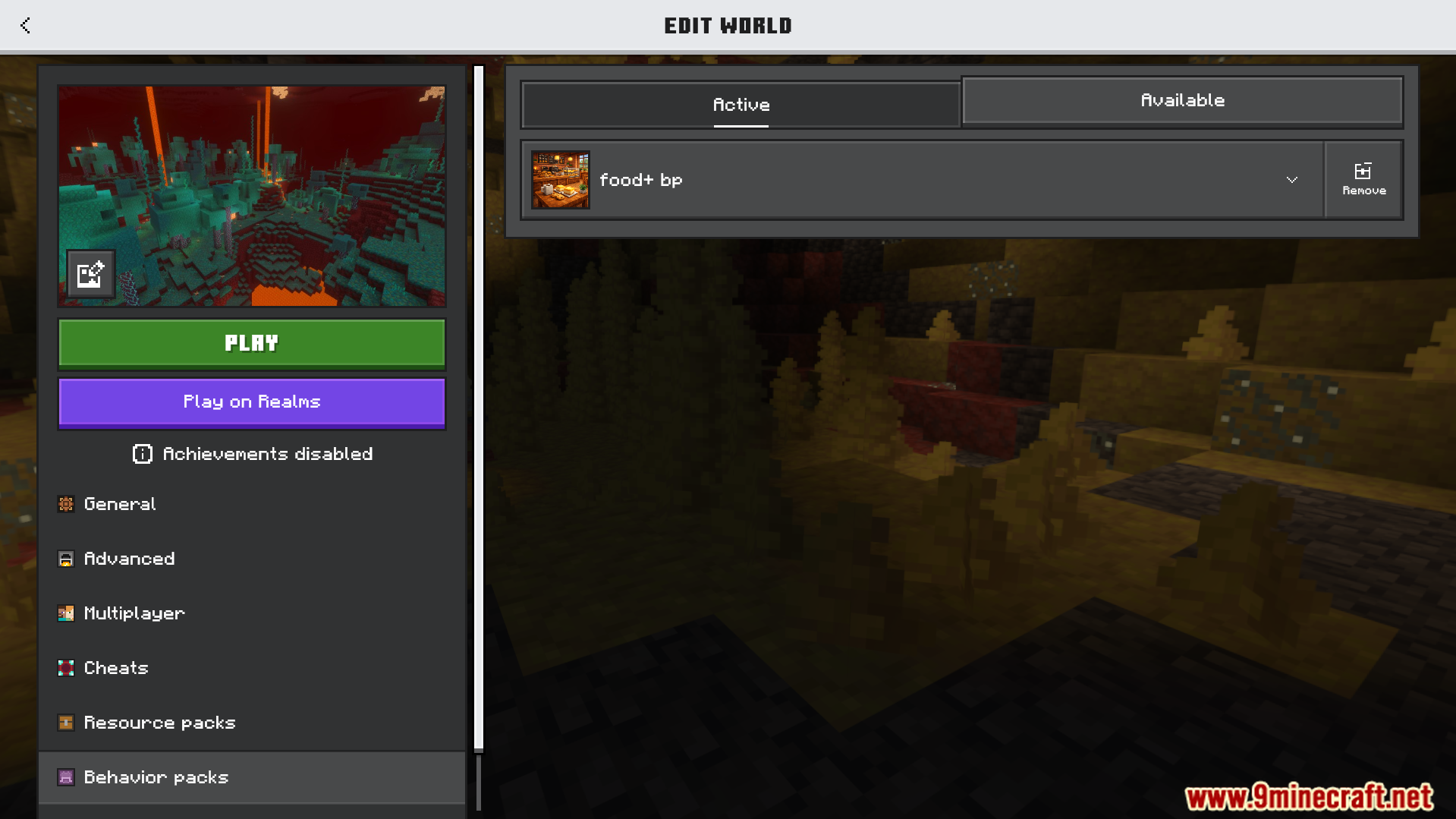 Minecraft world settings menu showing the active Food Plus behavior pack