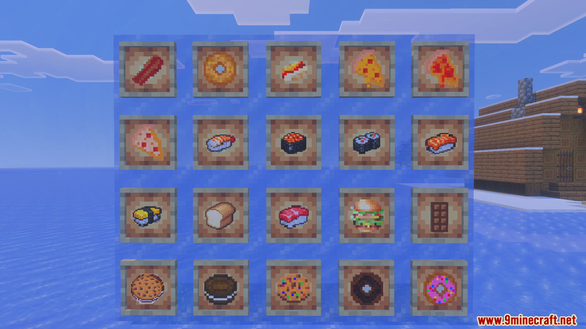 Various food items like pizza sushi and burgers displayed in item frames on glass