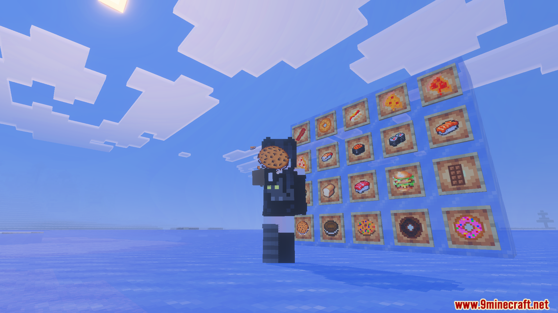 A player character showcasing various food items from the Food Plus Addon