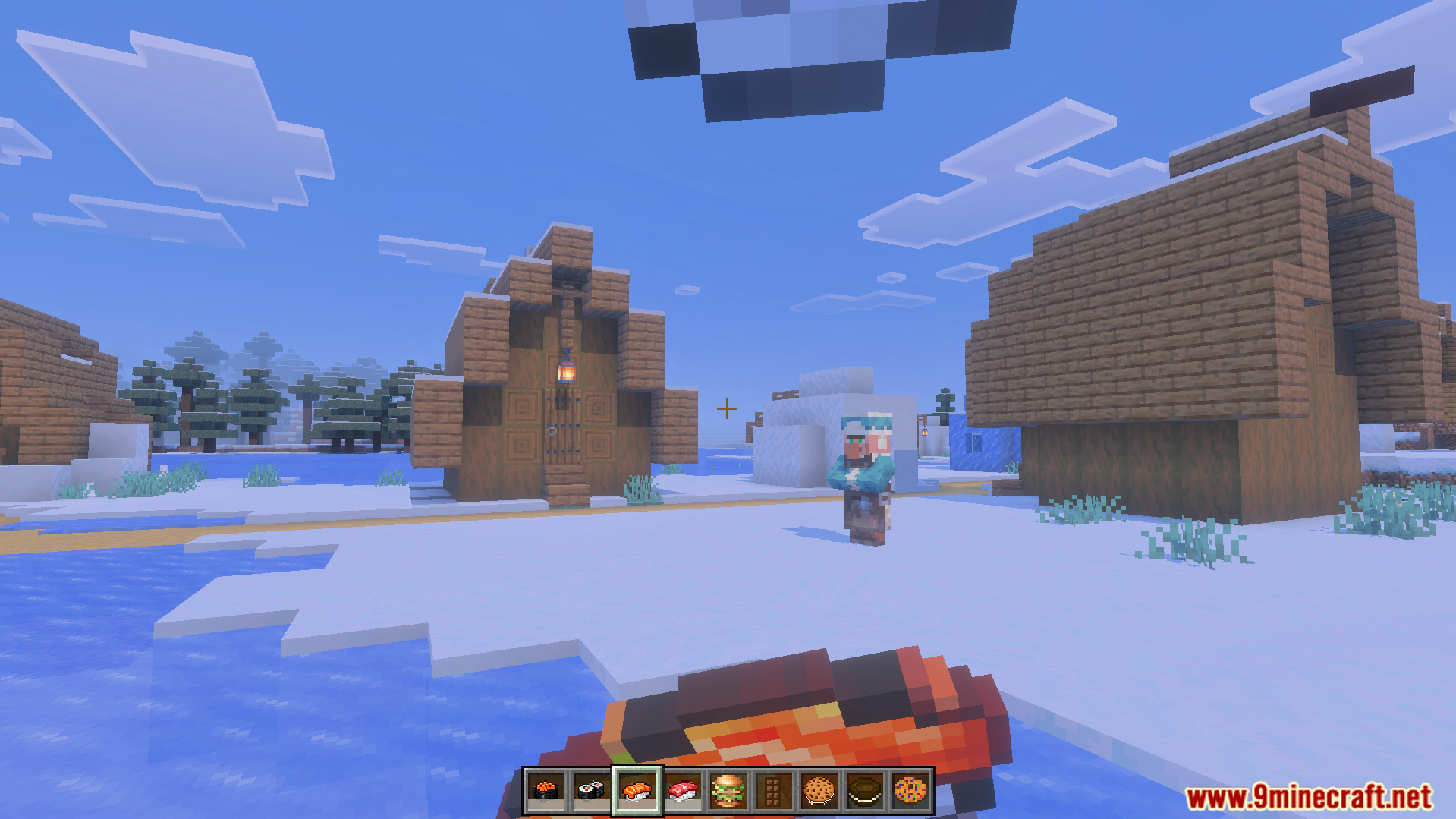Player holding a sushi item while standing in a snowy village with a villager