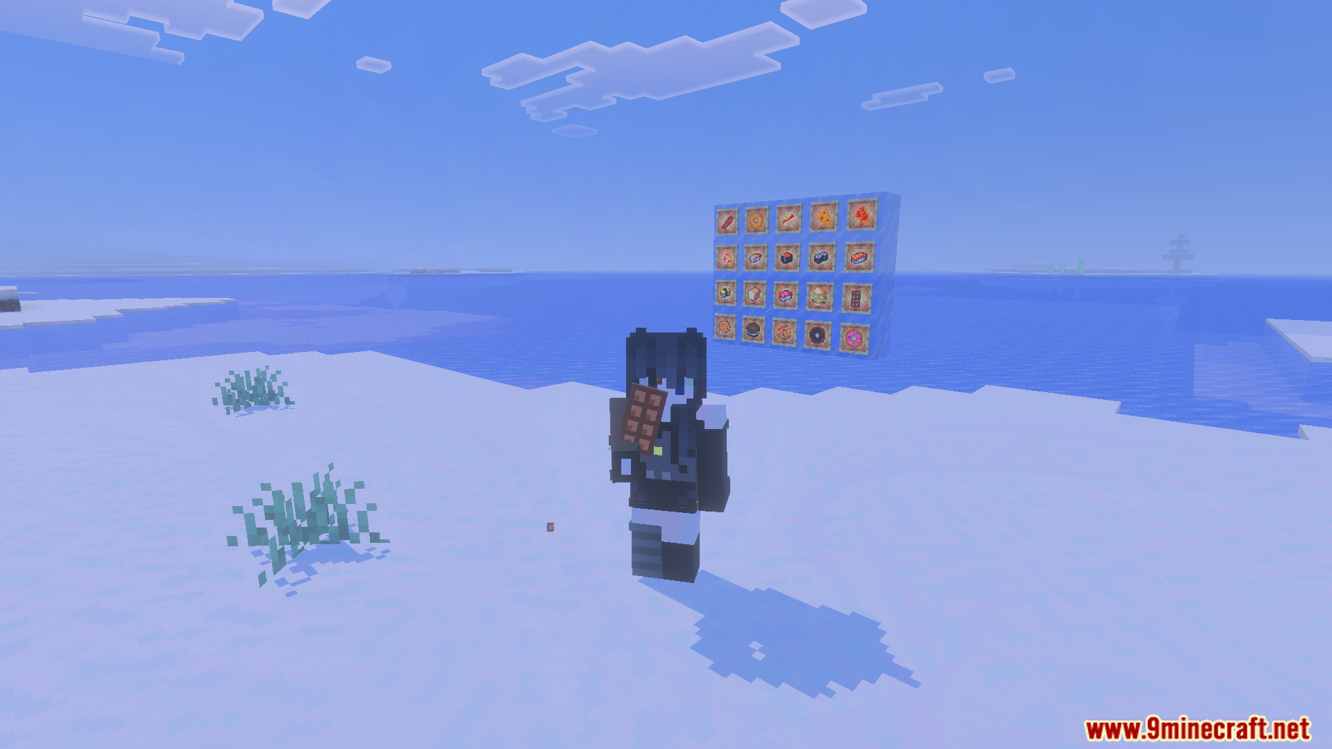 Player character holding a chocolate bar near a display of food items