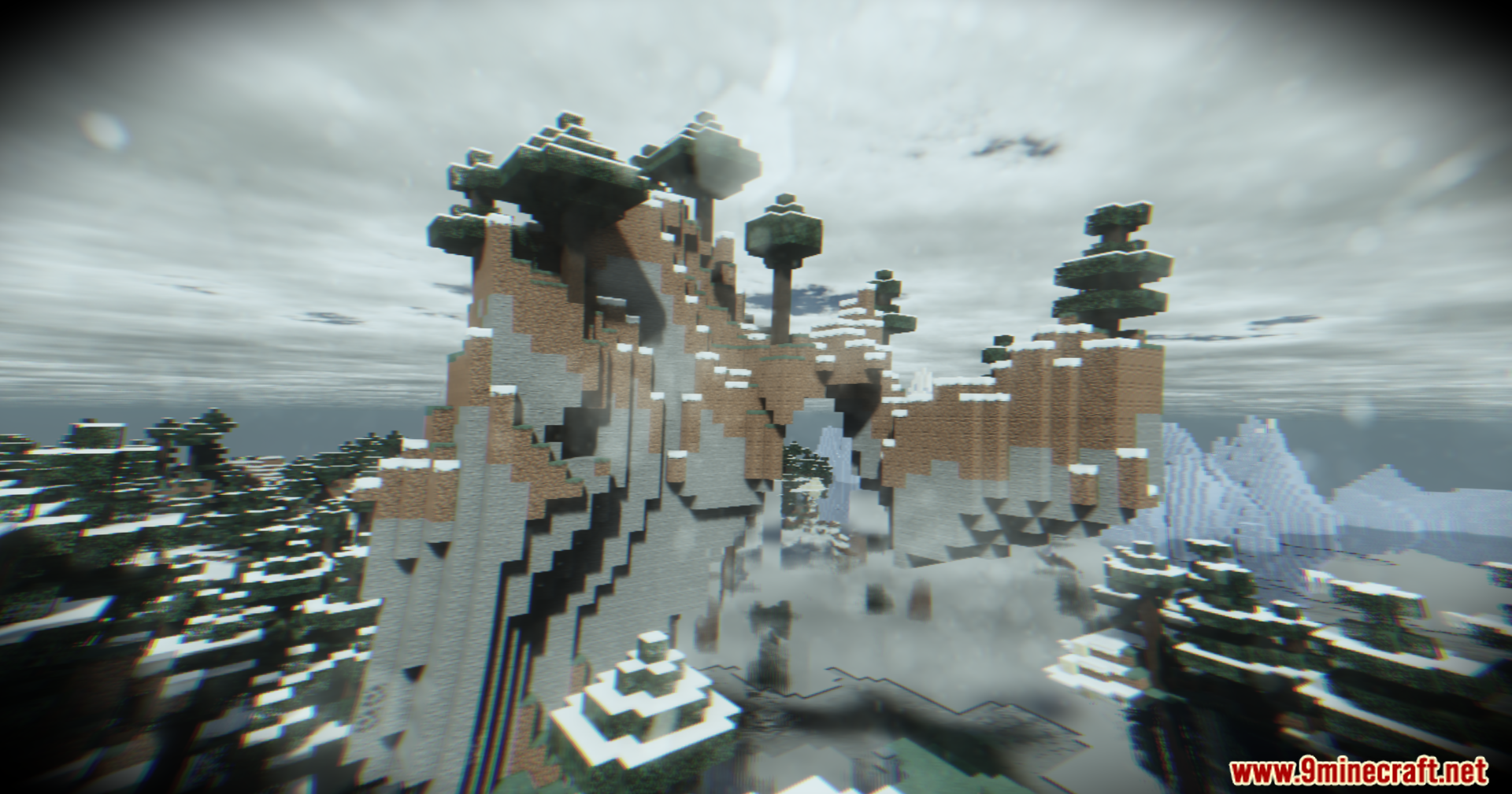 Footage Shaders Screenshot 1 Snowy mountain landscape with trees under a gritty body camera shader effect