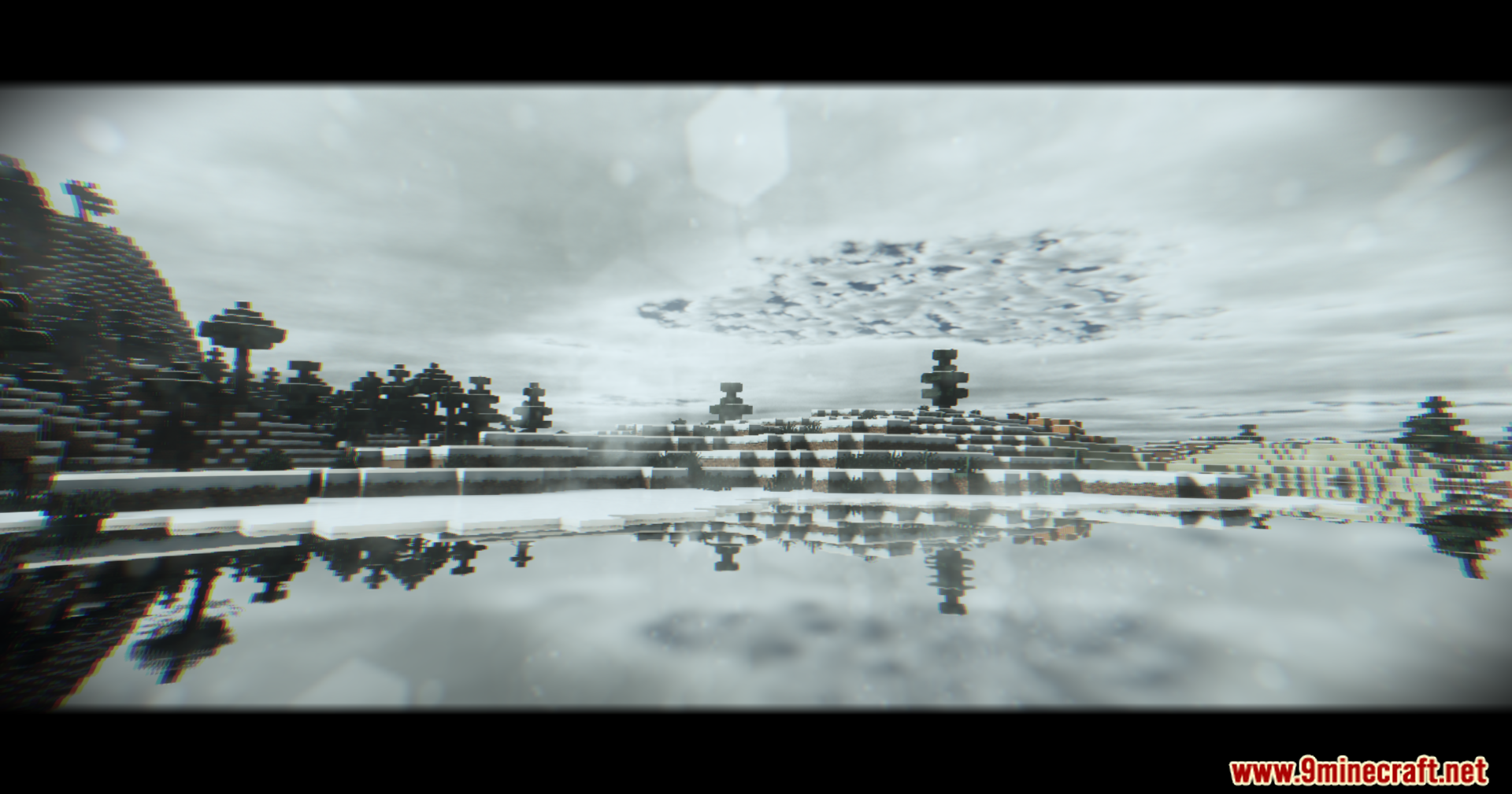 Footage Shaders Screenshot 2 Frozen lake reflecting a cloudy sky with a VHS tape visual style