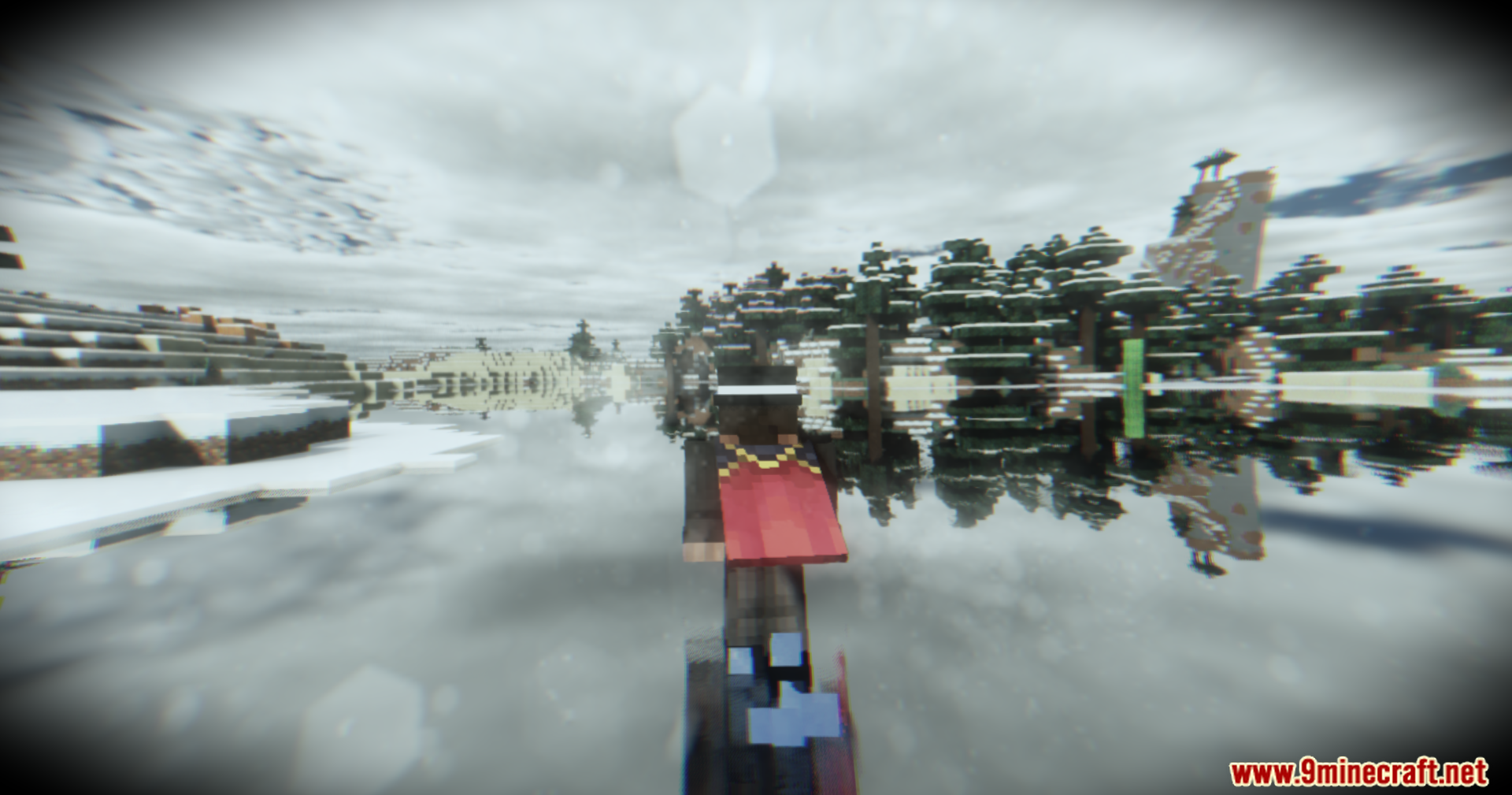 Footage Shaders Screenshot 3 Character with red cape overlooking a snowy forest from a frozen lake