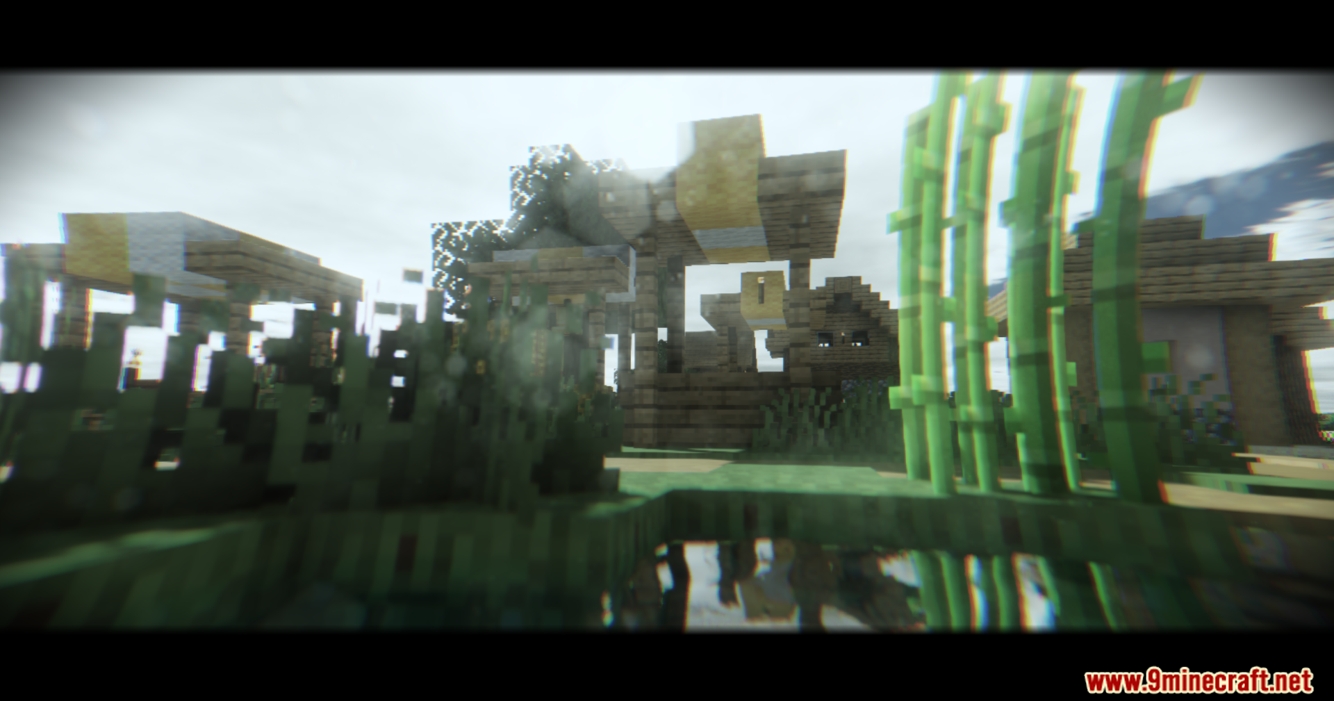Footage Shaders Screenshot 4 Minecraft village and sugarcane viewed through a realistic body camera lens