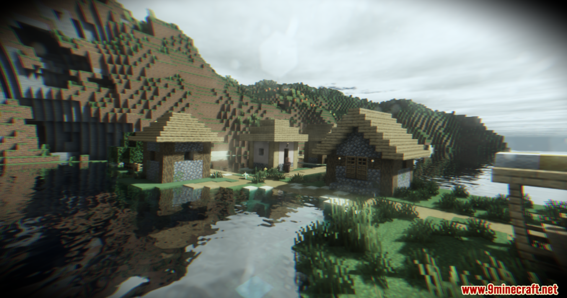 Footage Shaders Screenshot 5 A Minecraft village by a river with realistic lighting and body camera effects