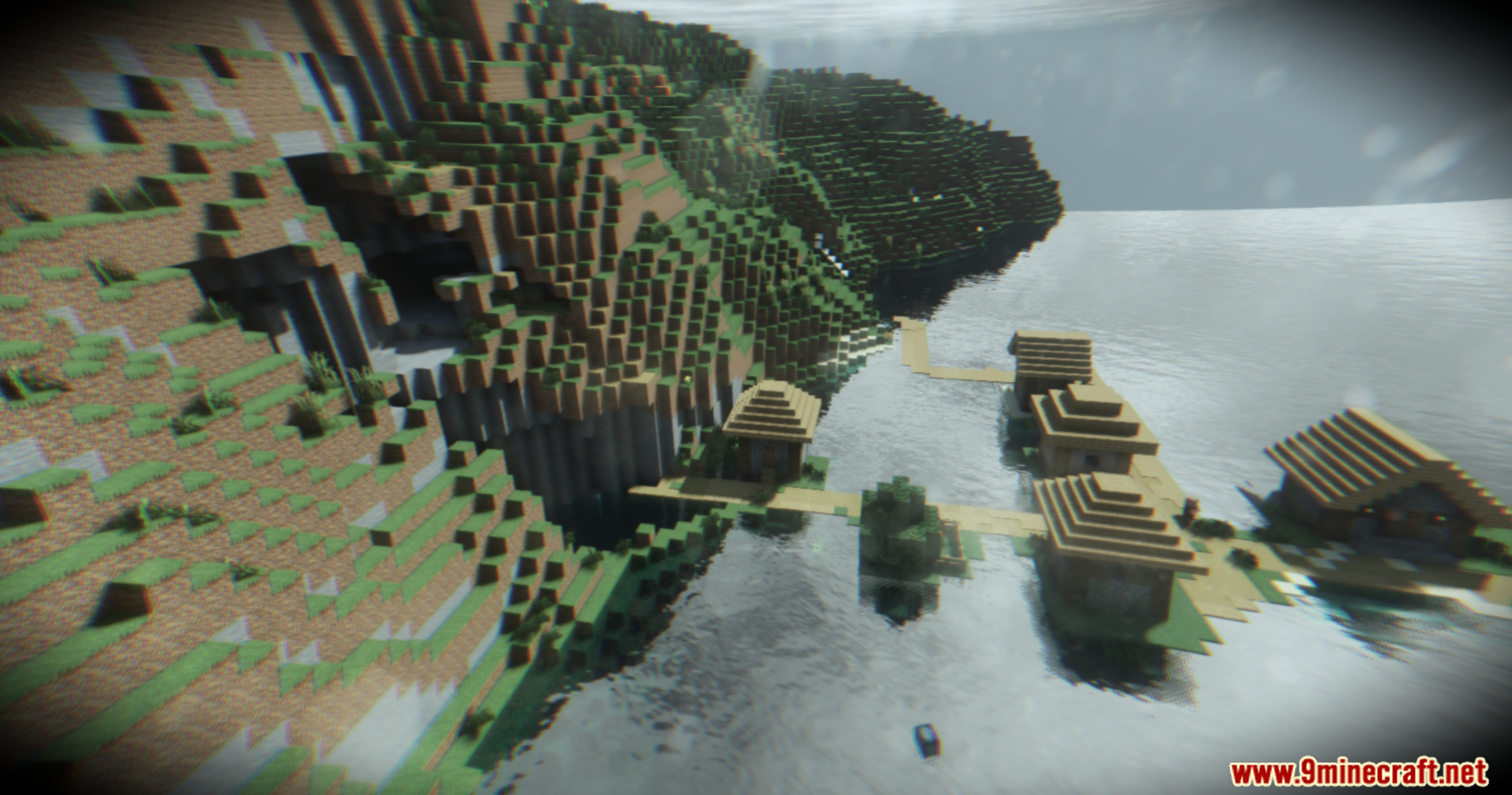 Footage Shaders Screenshot 7 A coastal village with wooden huts over water near a steep cliff