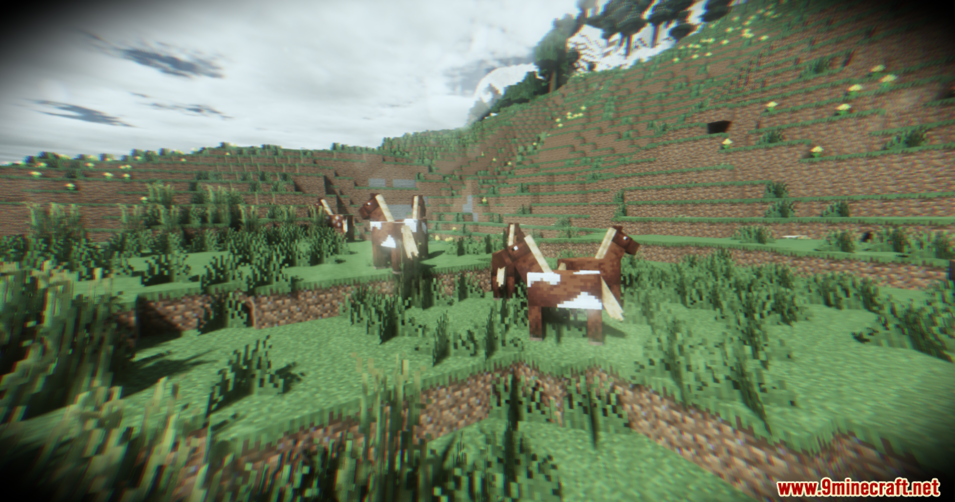 Footage Shaders Screenshot 8 Brown and white horses grazing on a grassy hillside with bodycam effects