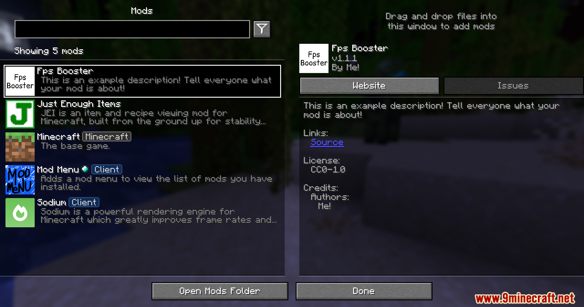 Minecraft mod menu interface showing Fps Booster and other installed utility mods