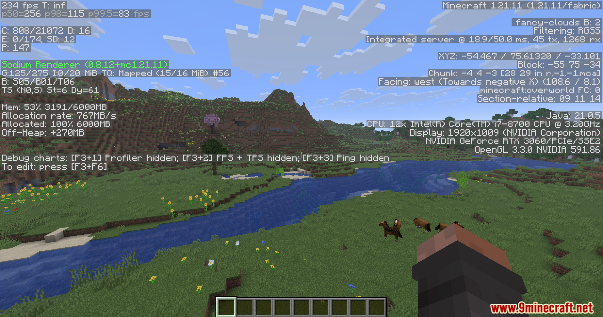 Minecraft player views scenic landscape with debug screen showing high fps
