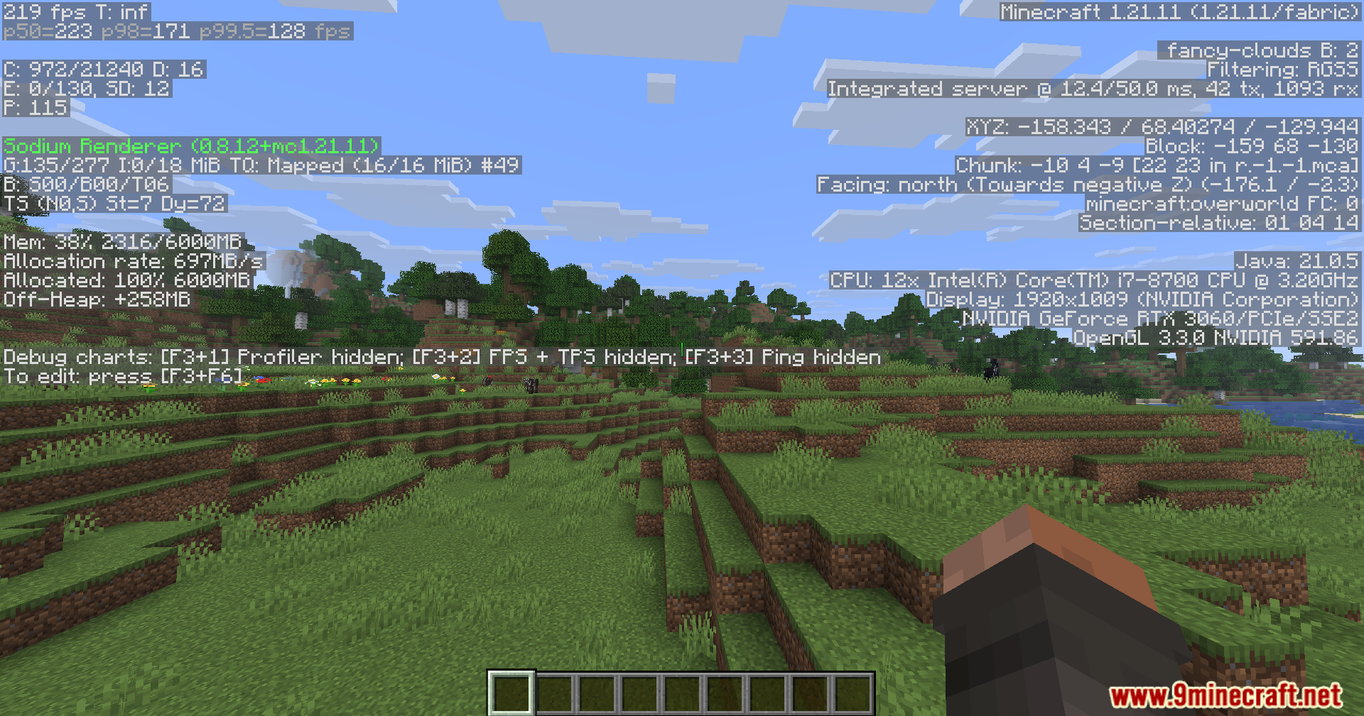 Minecraft player viewing performance statistics via the debug screen in a field