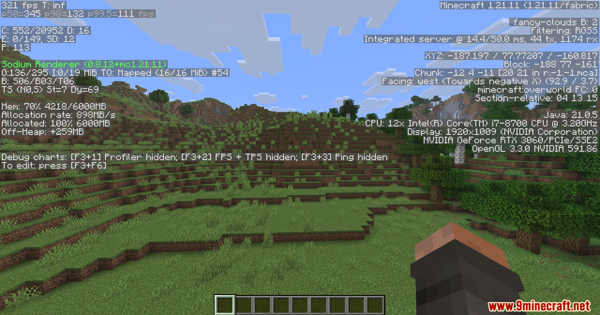 Debug screen displaying frame rate and system information in a hilly biome
