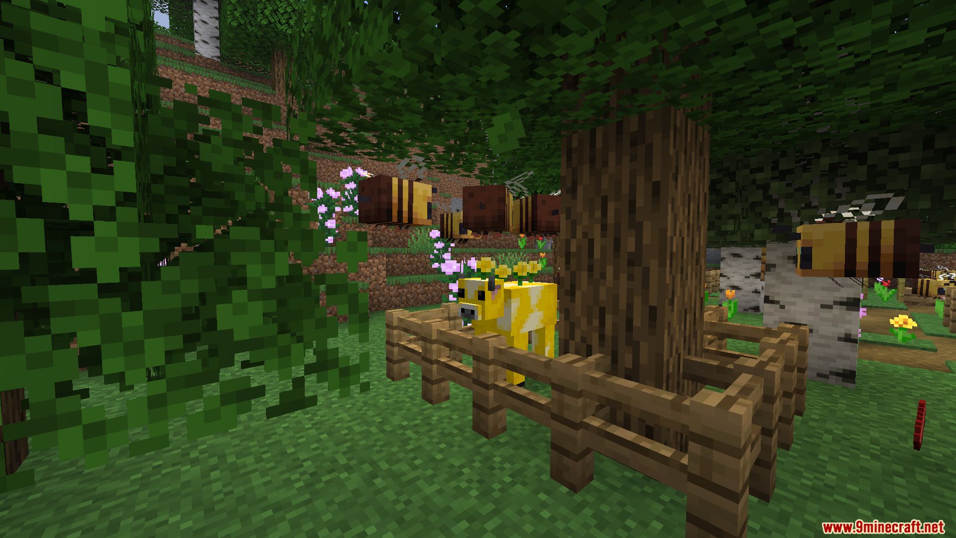 Friends N Foes Beekeeper Hut Mod Screenshot 4 A yellow Moobloom cow stands inside a wooden fence with bees flying around