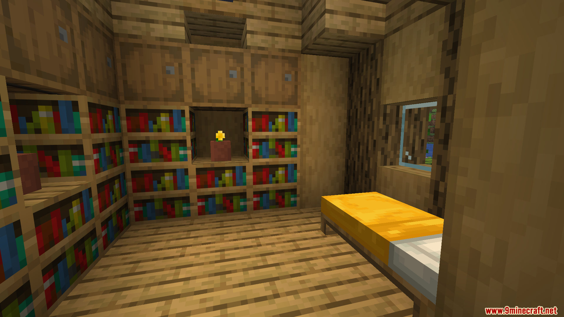 Friends N Foes Beekeeper Hut Mod Screenshot 6 Interior of the beekeeper hut featuring bookshelves and a yellow bed