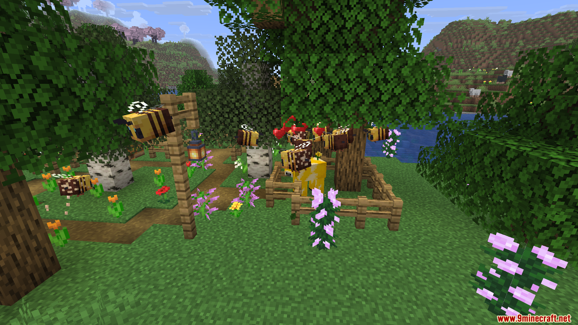 Friends N Foes Beekeeper Hut Mod Screenshot 9 Bees flying around a yellow Moobloom near a wooden fence and trees