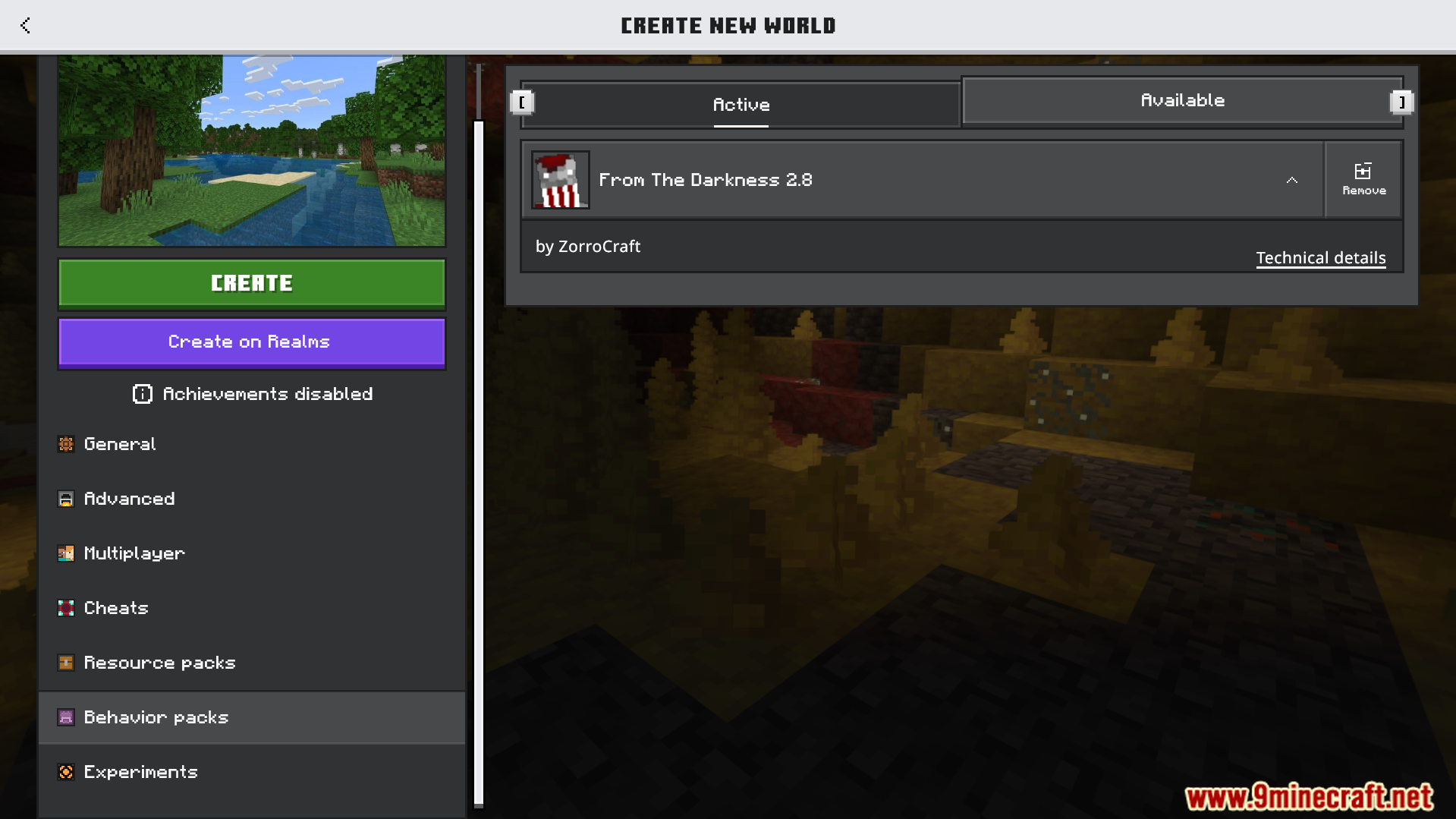 From the Darkness Modpack Addon Screenshot 1 Minecraft world creation screen showing the From The Darkness behavior pack active