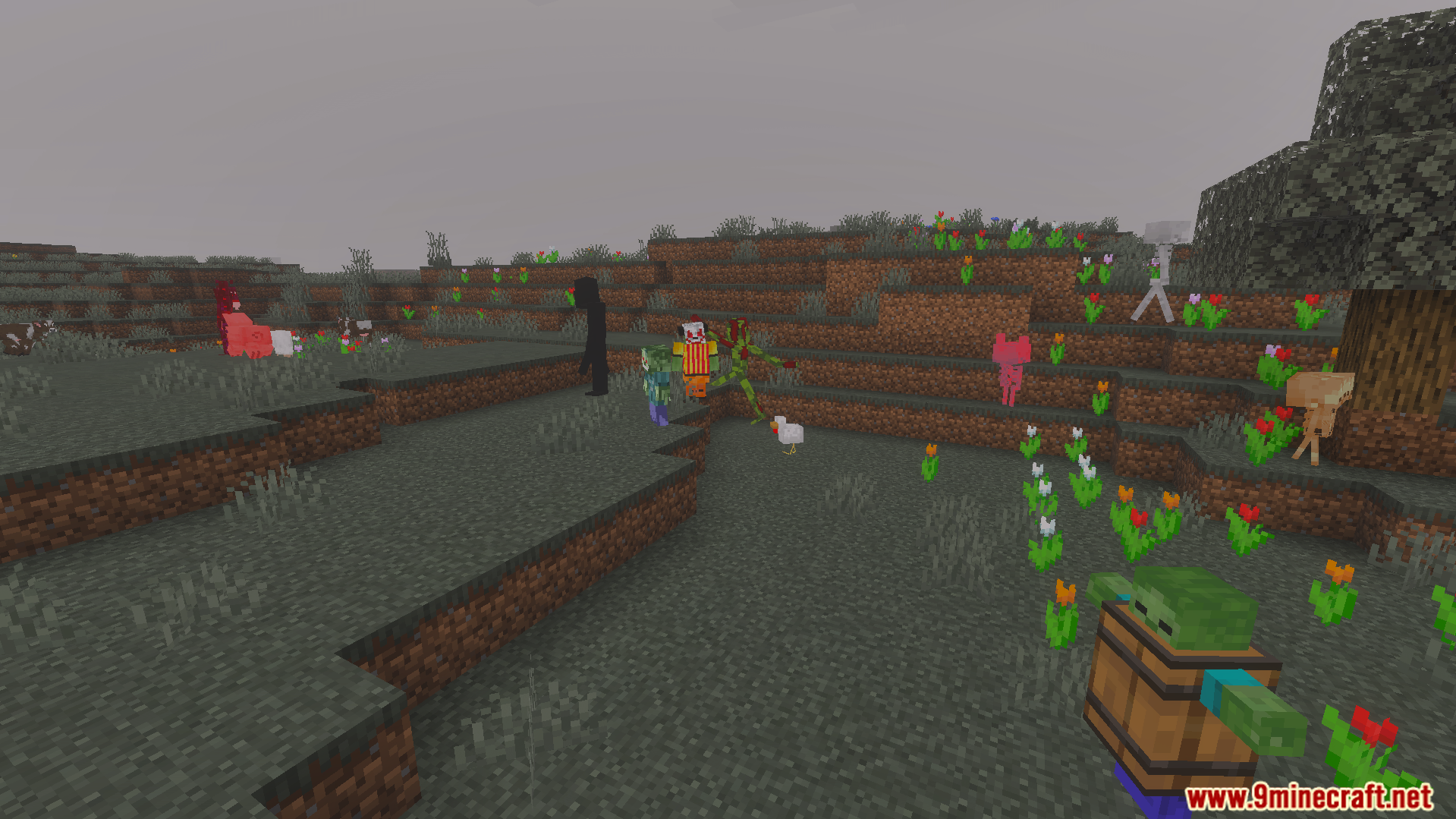 From the Darkness Modpack Addon Screenshot 12 A group of scary monsters roaming a foggy landscape in a cursed world