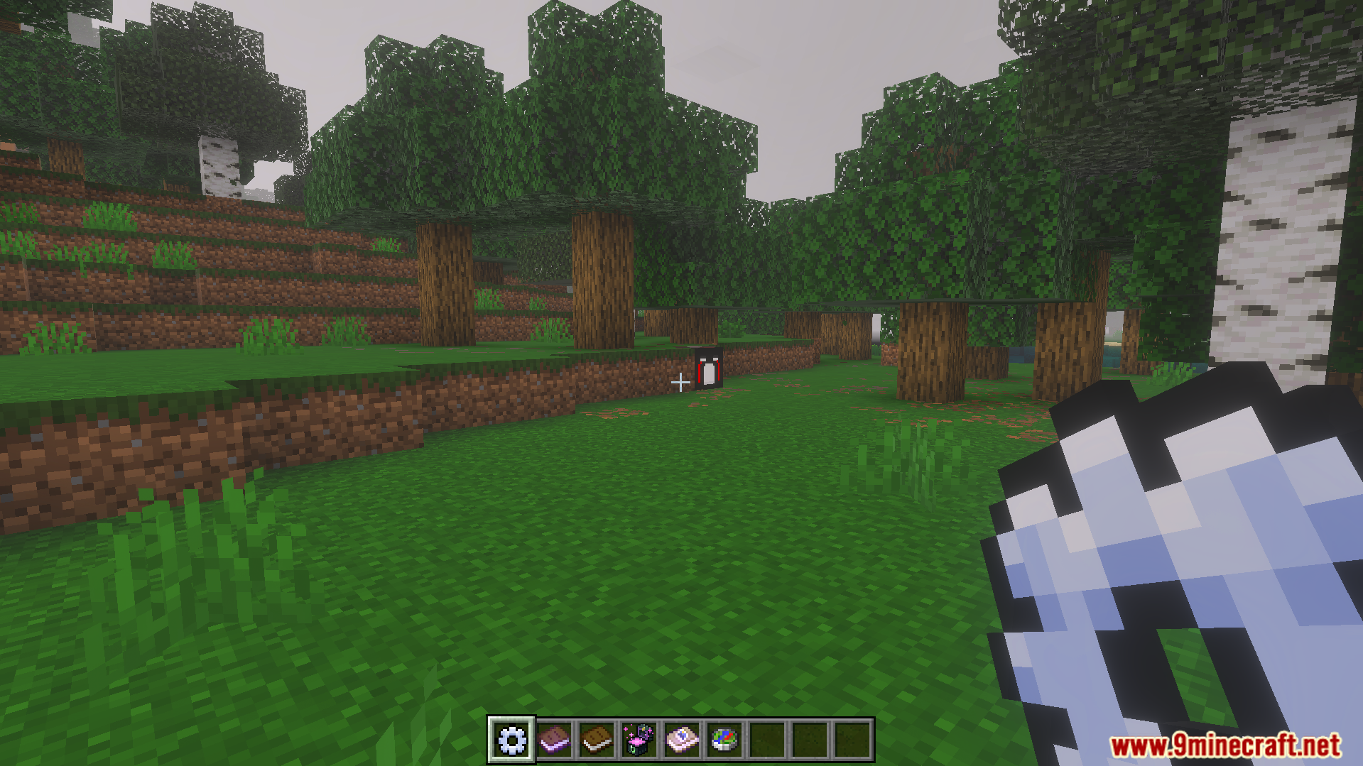 From the Darkness Modpack Addon Screenshot 2 A player explores a foggy forest with custom items and a scary monster