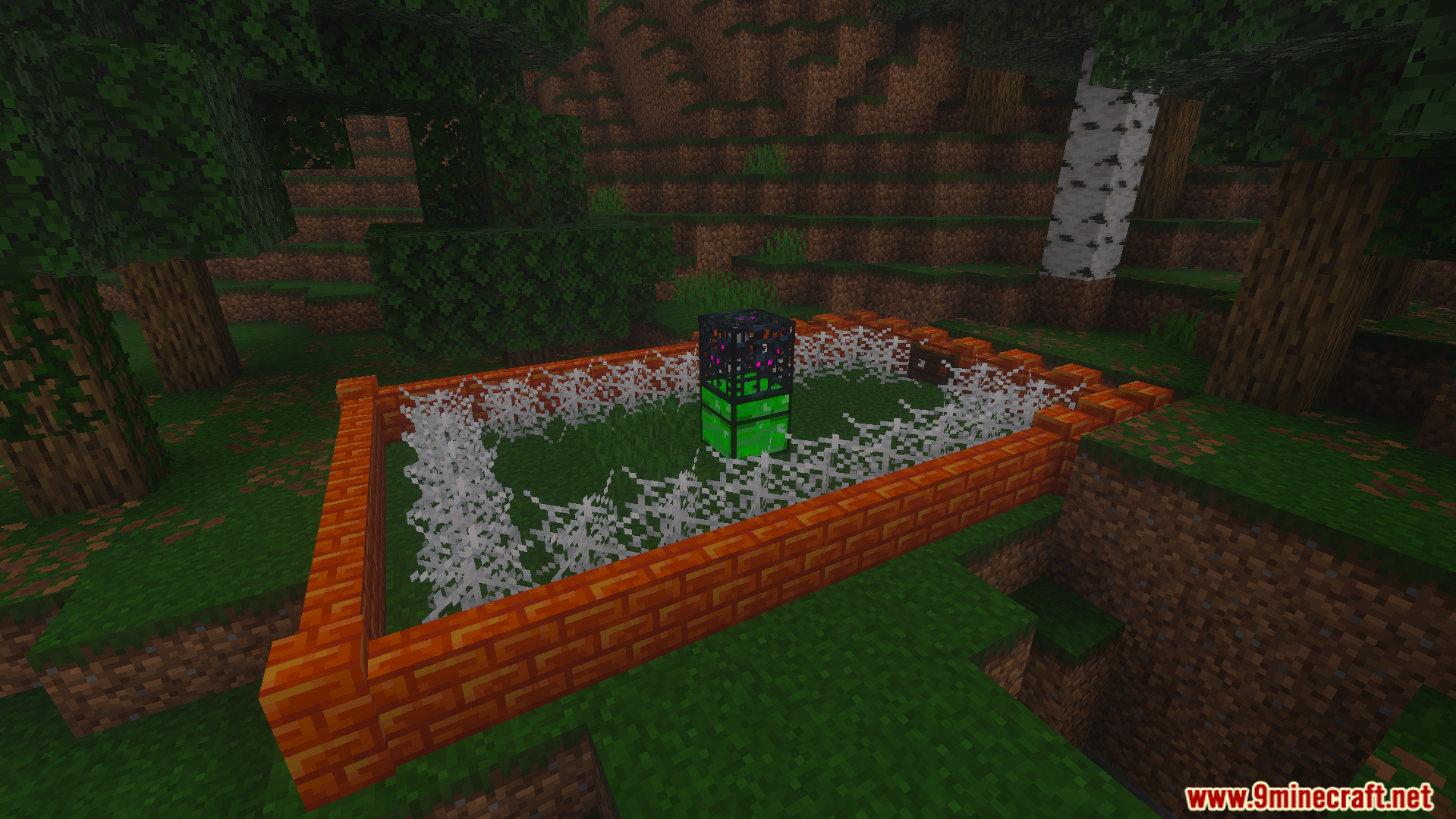 From the Darkness Modpack Addon Screenshot 3 A haunted trial dungeon with an evil block surrounded by cobwebs and bricks