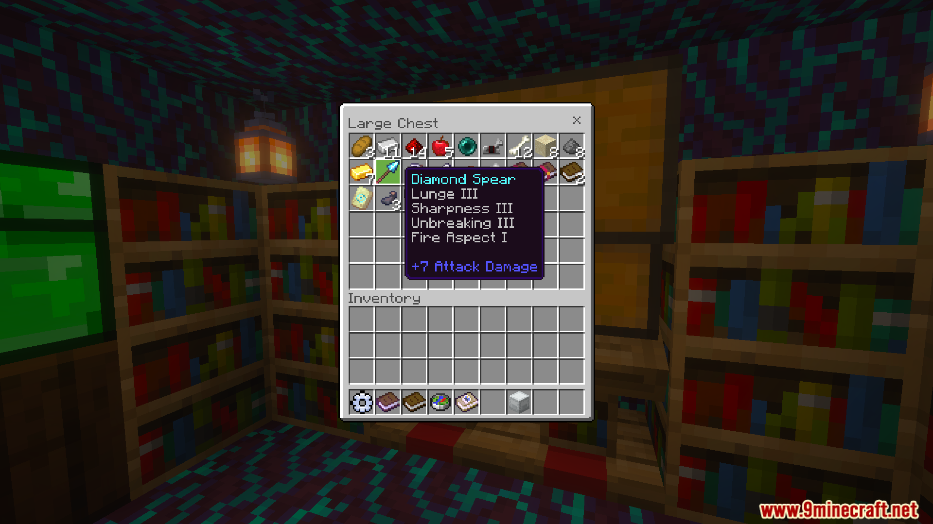 From the Darkness Modpack Addon Screenshot 6 Loot chest interface showing a diamond spear with custom enchantments inside a room