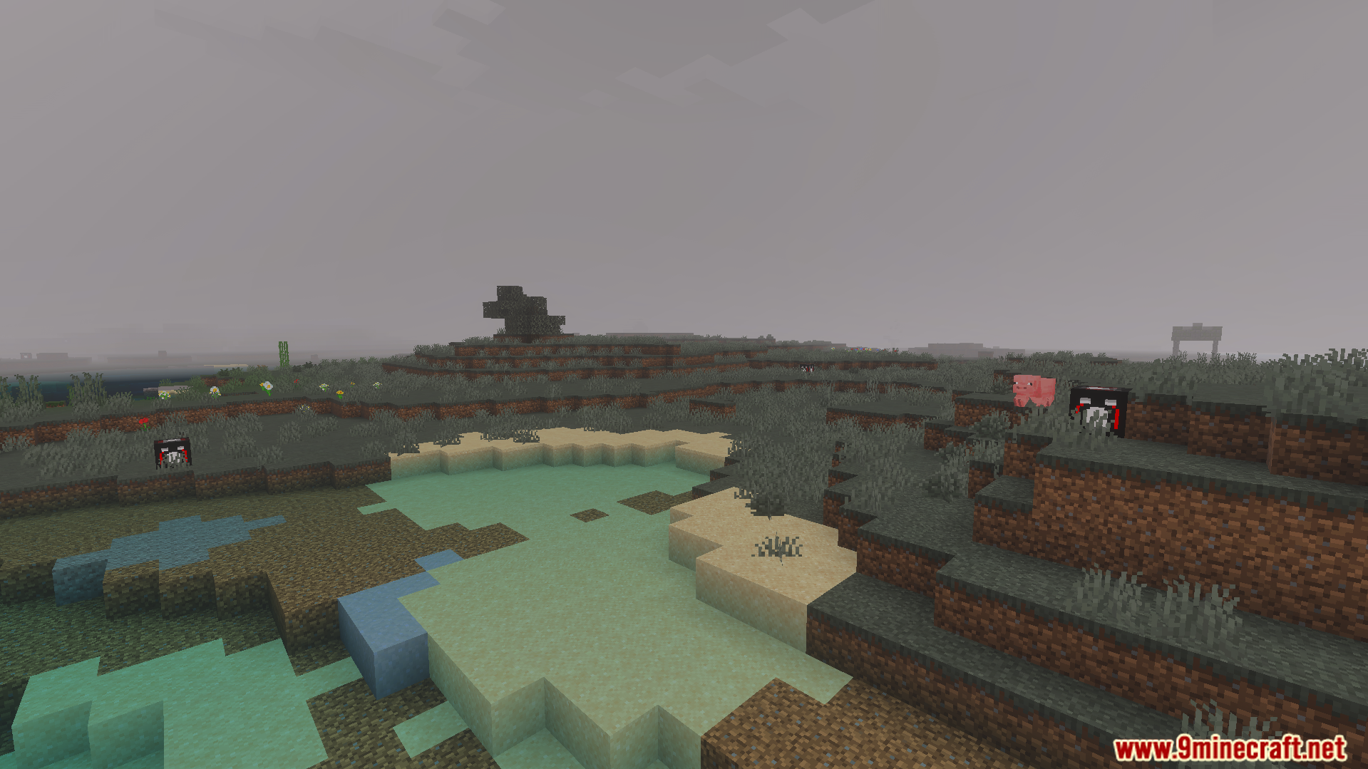 From the Darkness Modpack Addon Screenshot 7 Foggy landscape with grey grass and scary mobs in a dark world