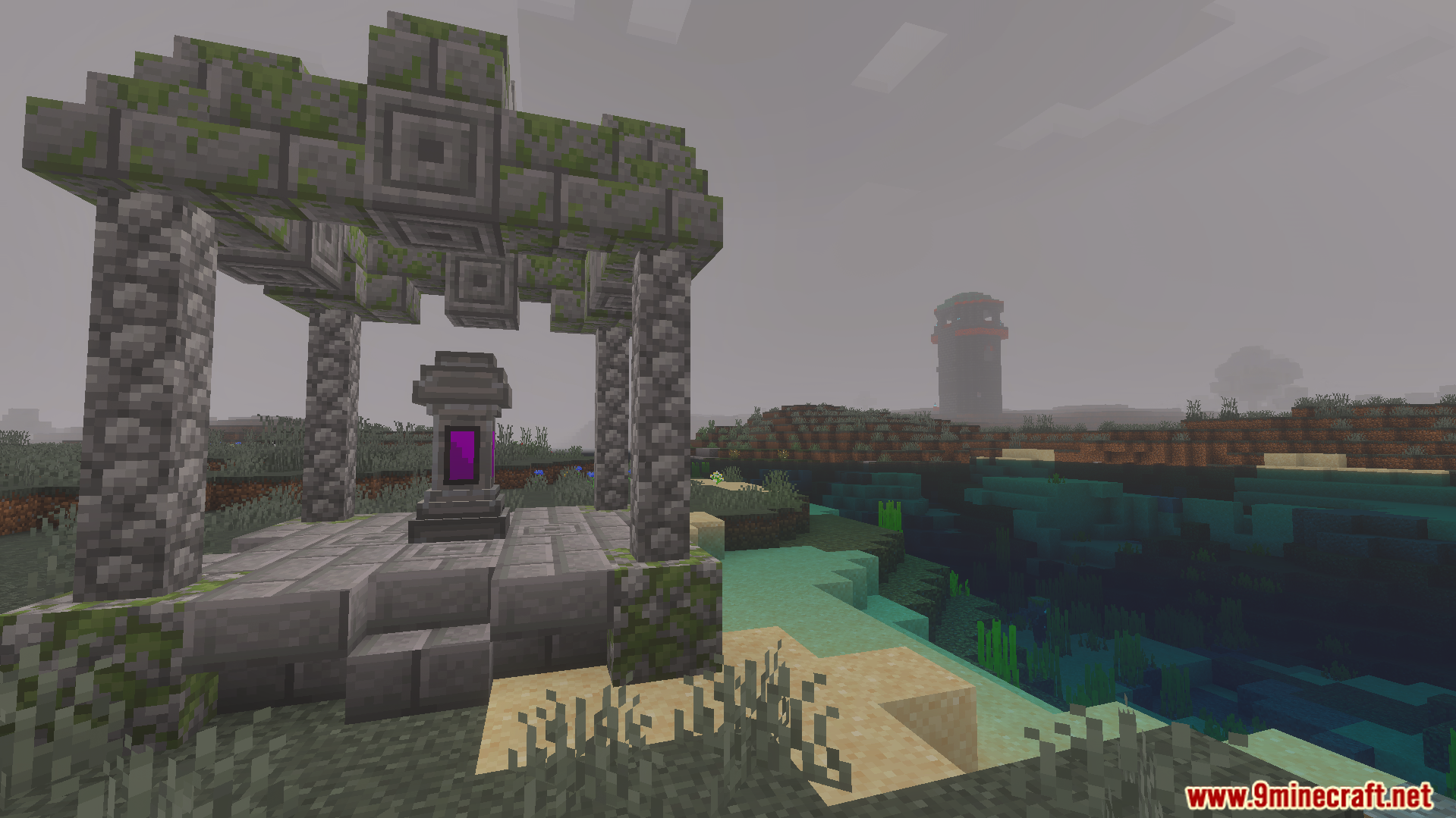 From the Darkness Modpack Addon Screenshot 8 Haunted stone ruins with a purple block under a thick grey fog