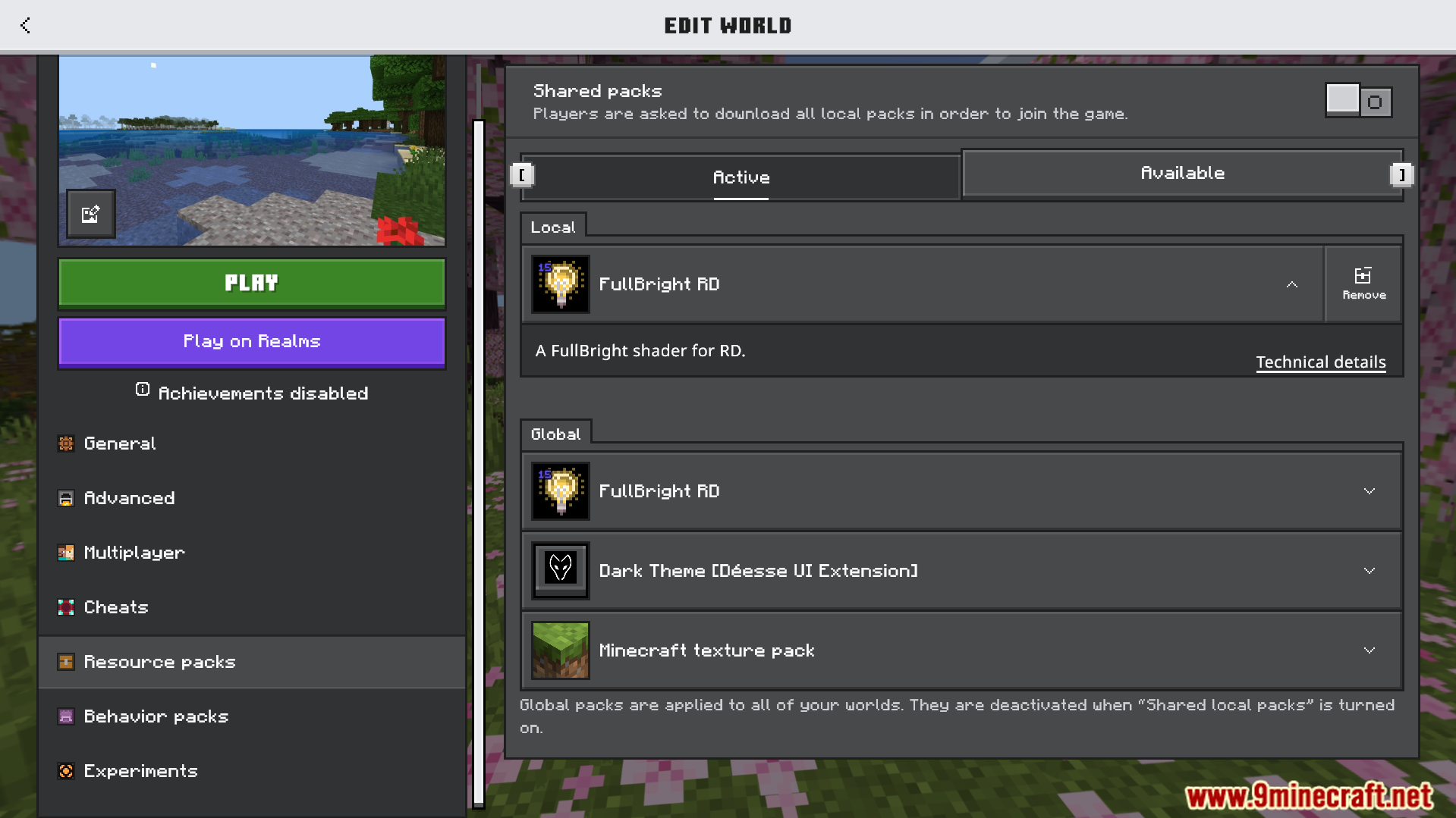 The resource packs menu with FullBright RD active in the world settings