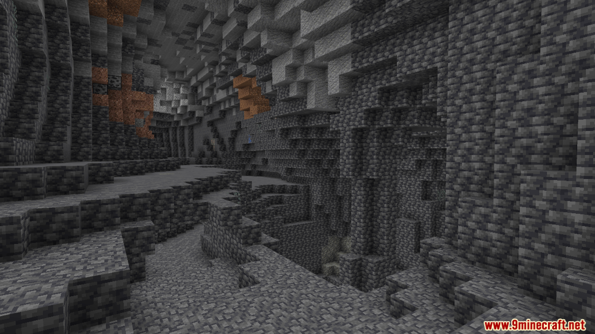 A dark cave seen clearly without torches using the night vision effect