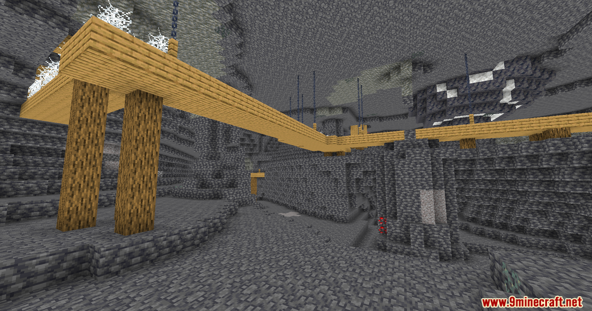 Abandoned mineshaft in a deepslate cave illuminated by the Fullbright Plus Shaders