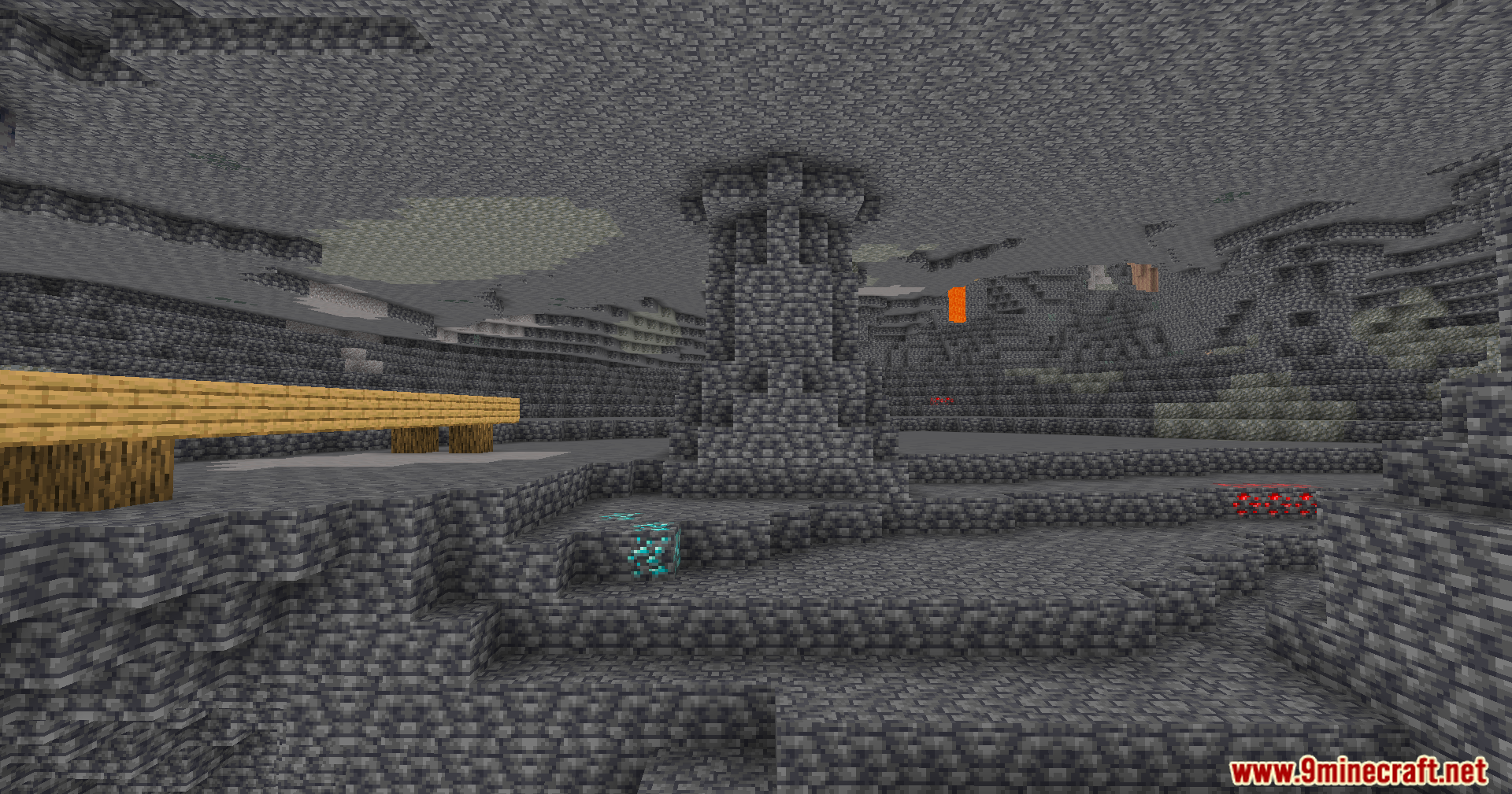 Deepslate cavern with diamond ores and a wooden bridge under full brightness