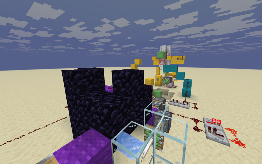 A large redstone trap mechanism built with obsidian and glass in Minecraft