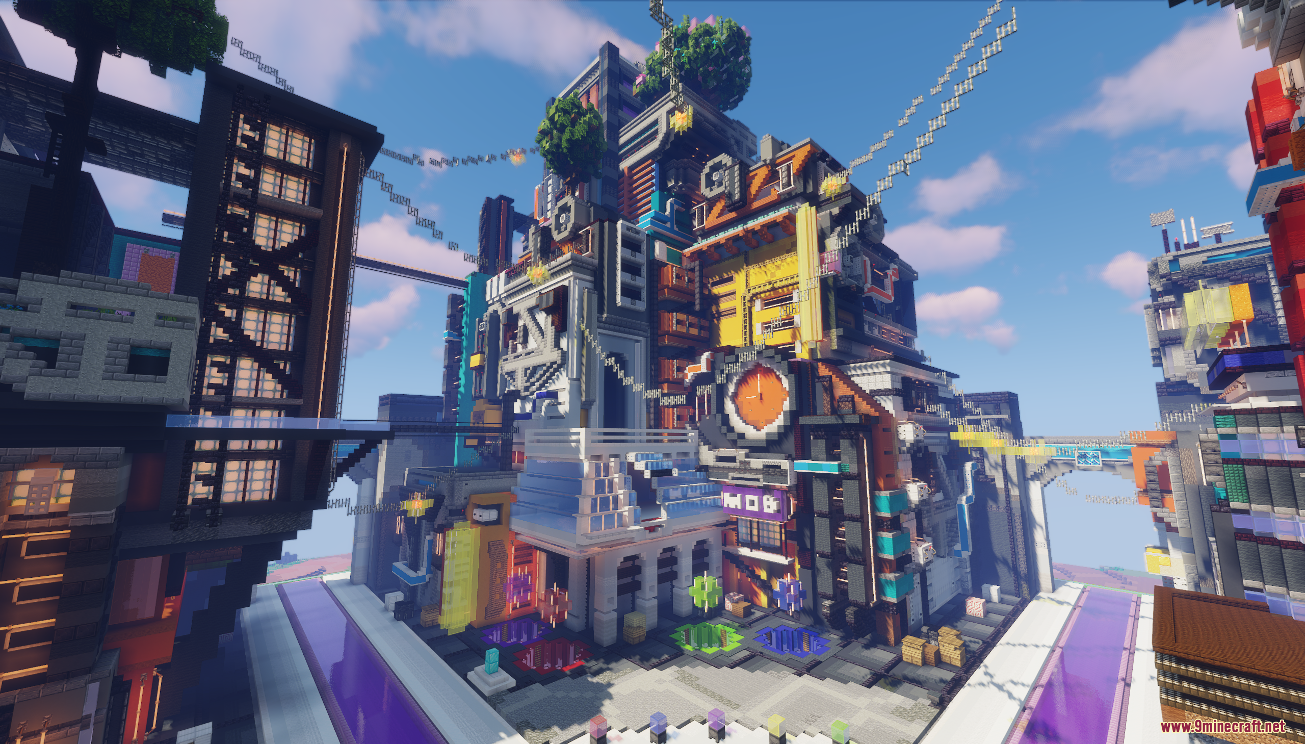 Detailed futuristic cyberpunk building with a large clock and suspended cables
