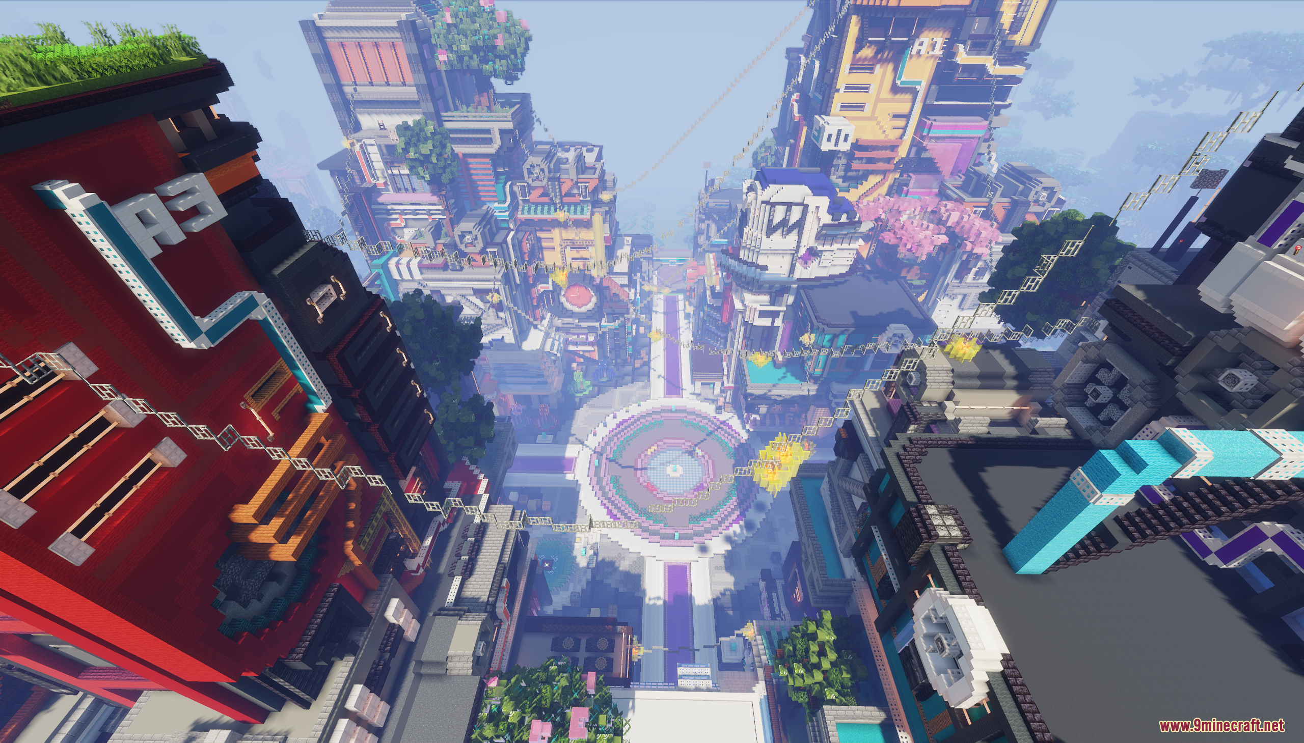 Looking down at the central plaza of the Futuristic Cyberpunk Spawn Map